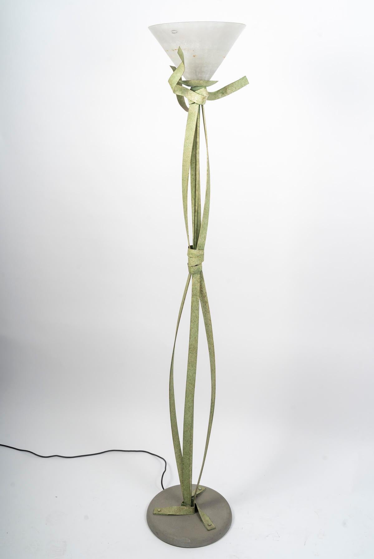 Green Lacquered Metal Floor Lamp with Murano Glass Bowl, 20th Century. For Sale 1