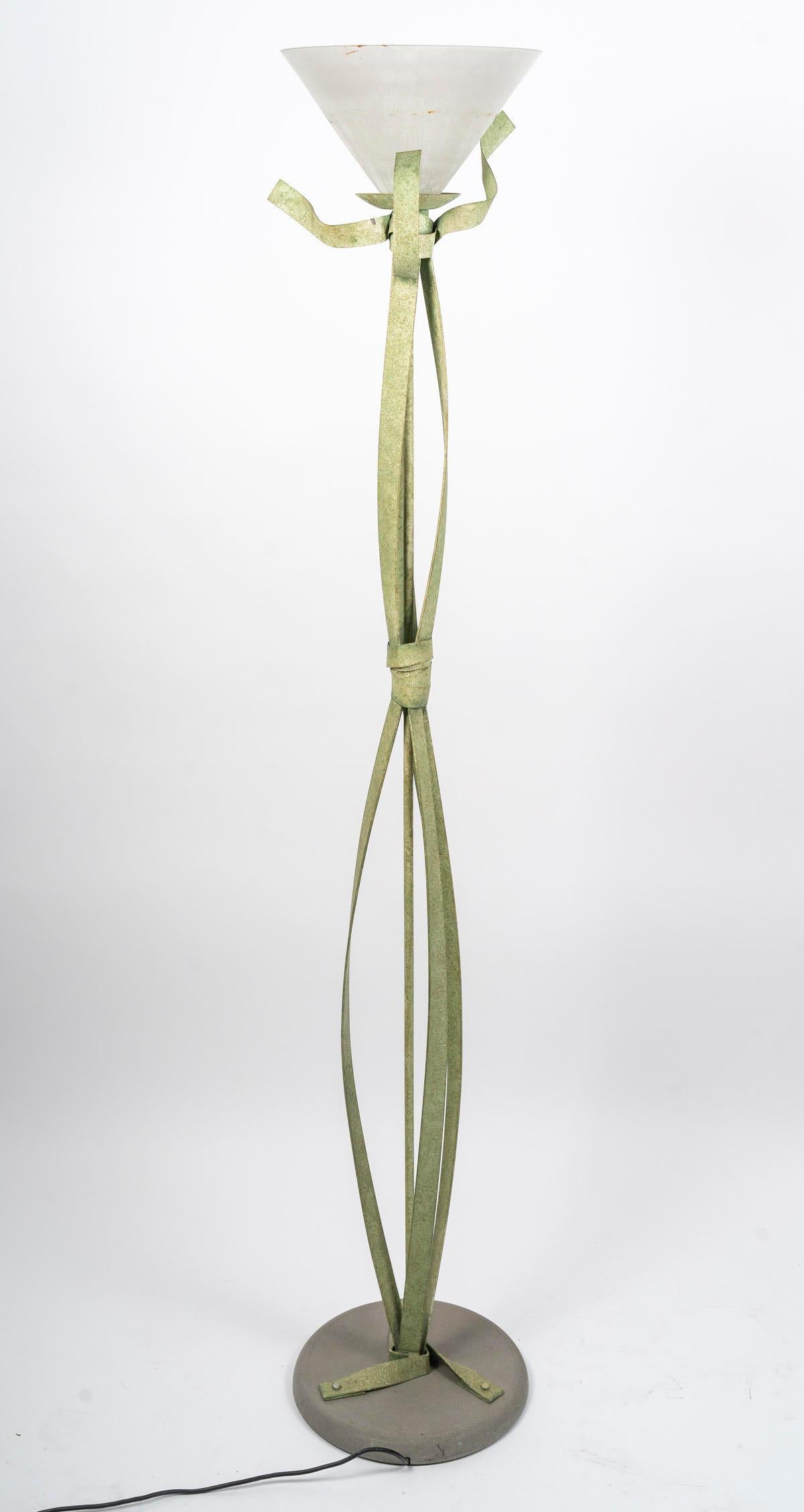 Green Lacquered Metal Floor Lamp with Murano Glass Bowl, 20th Century. For Sale 2