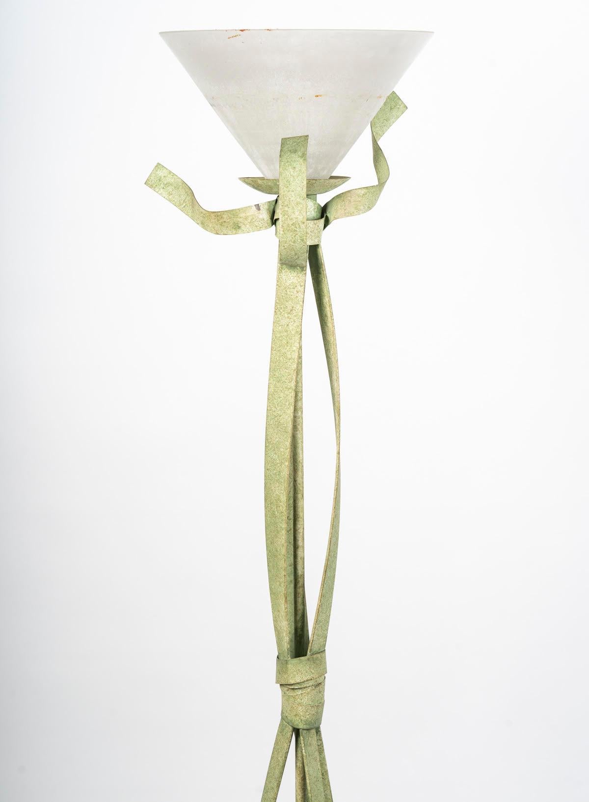 Green Lacquered Metal Floor Lamp with Murano Glass Bowl, 20th Century. For Sale 3