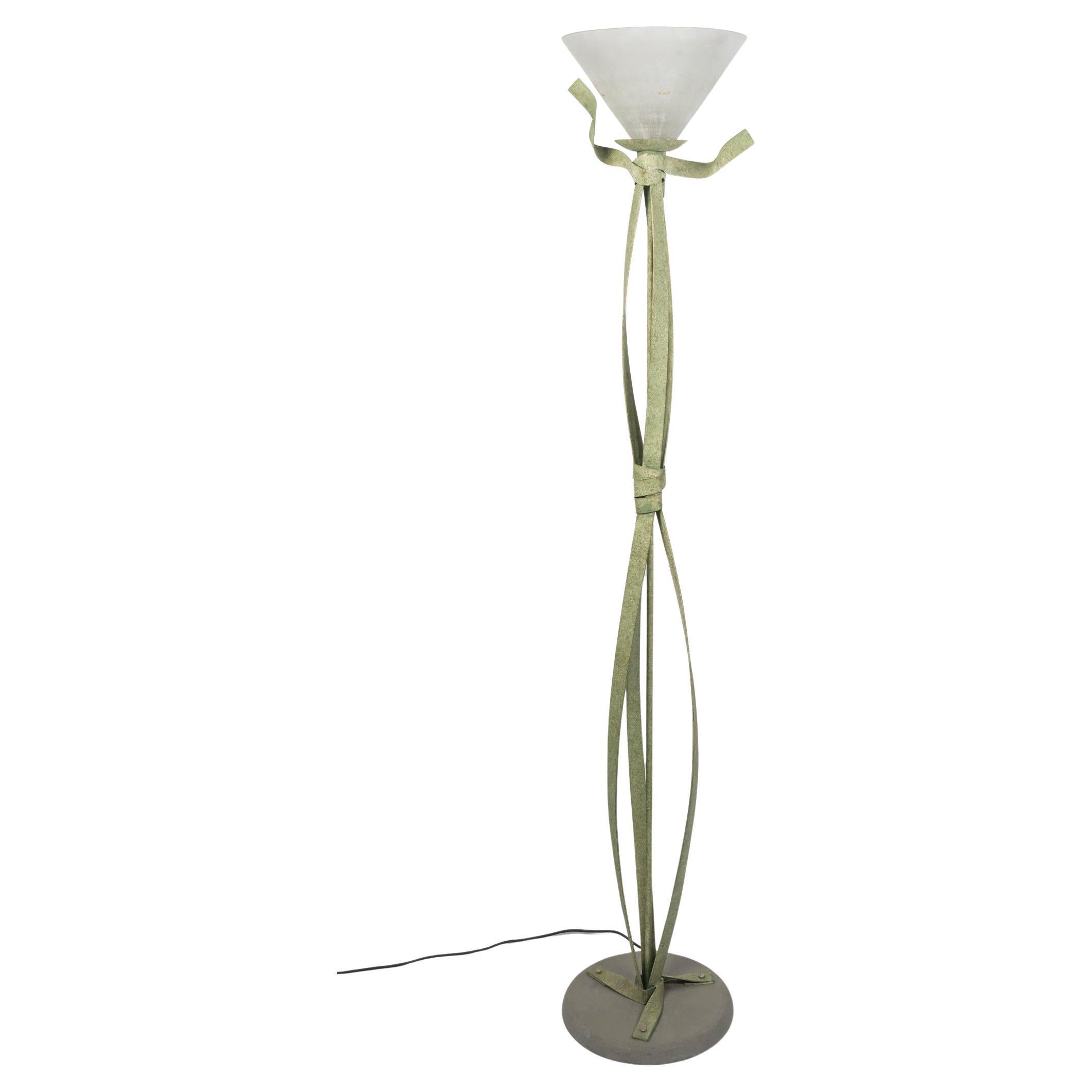 Green Lacquered Metal Floor Lamp with Murano Glass Bowl, 20th Century. For Sale