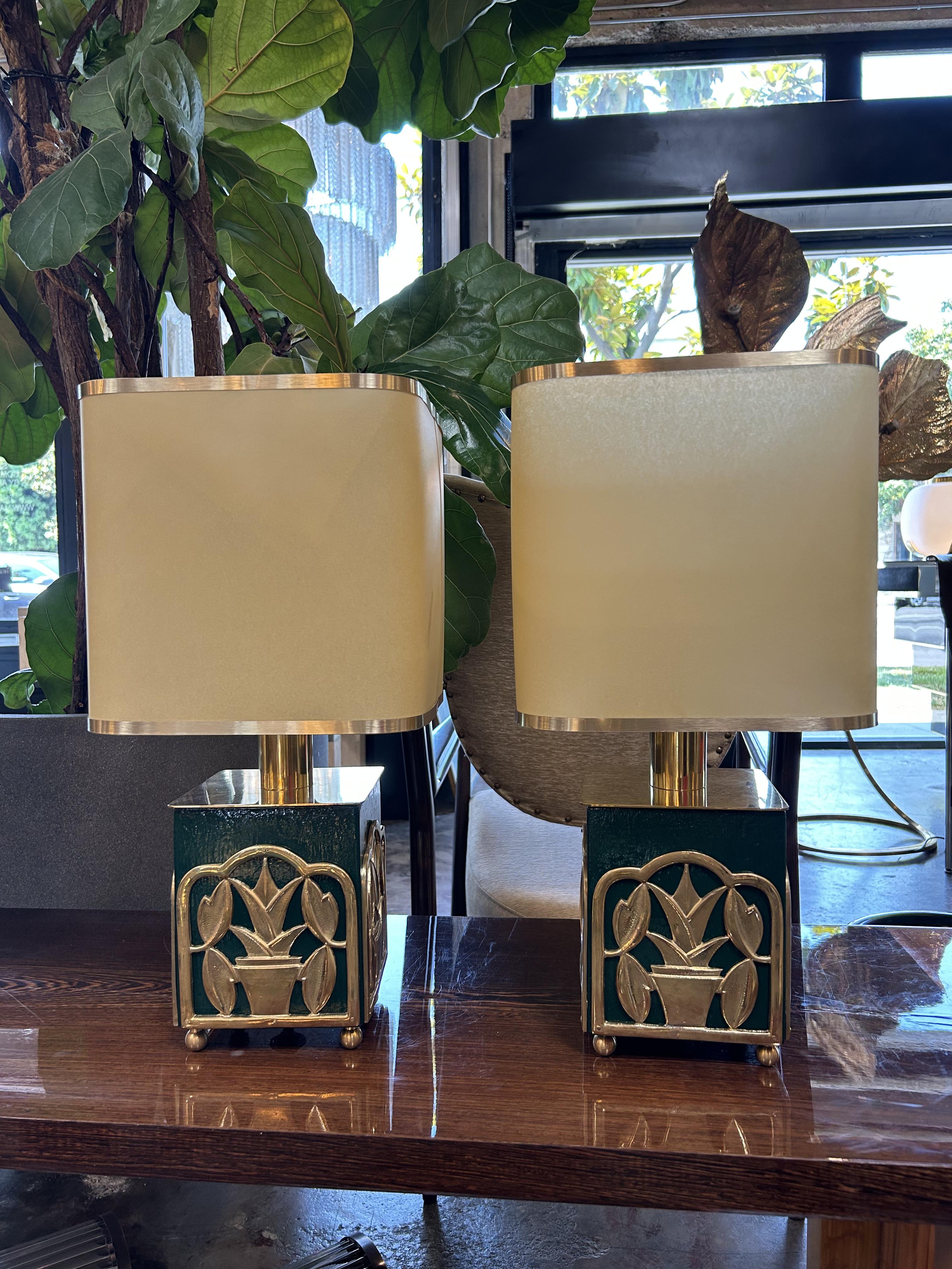 Hollywood Regency Green Lacquered Table Lamps with Botanical Motif, 1970s For Sale