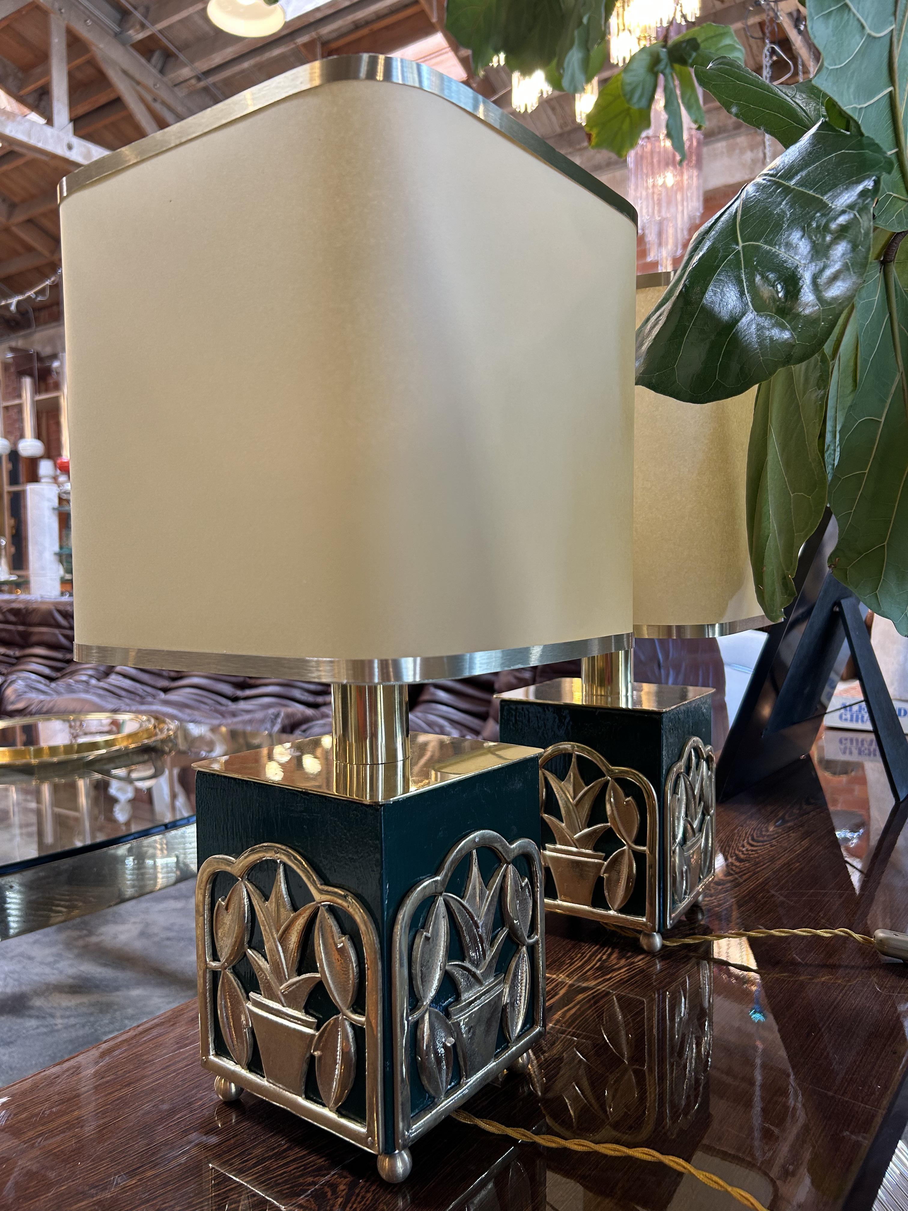 Italian Green Lacquered Table Lamps with Botanical Motif, 1970s For Sale
