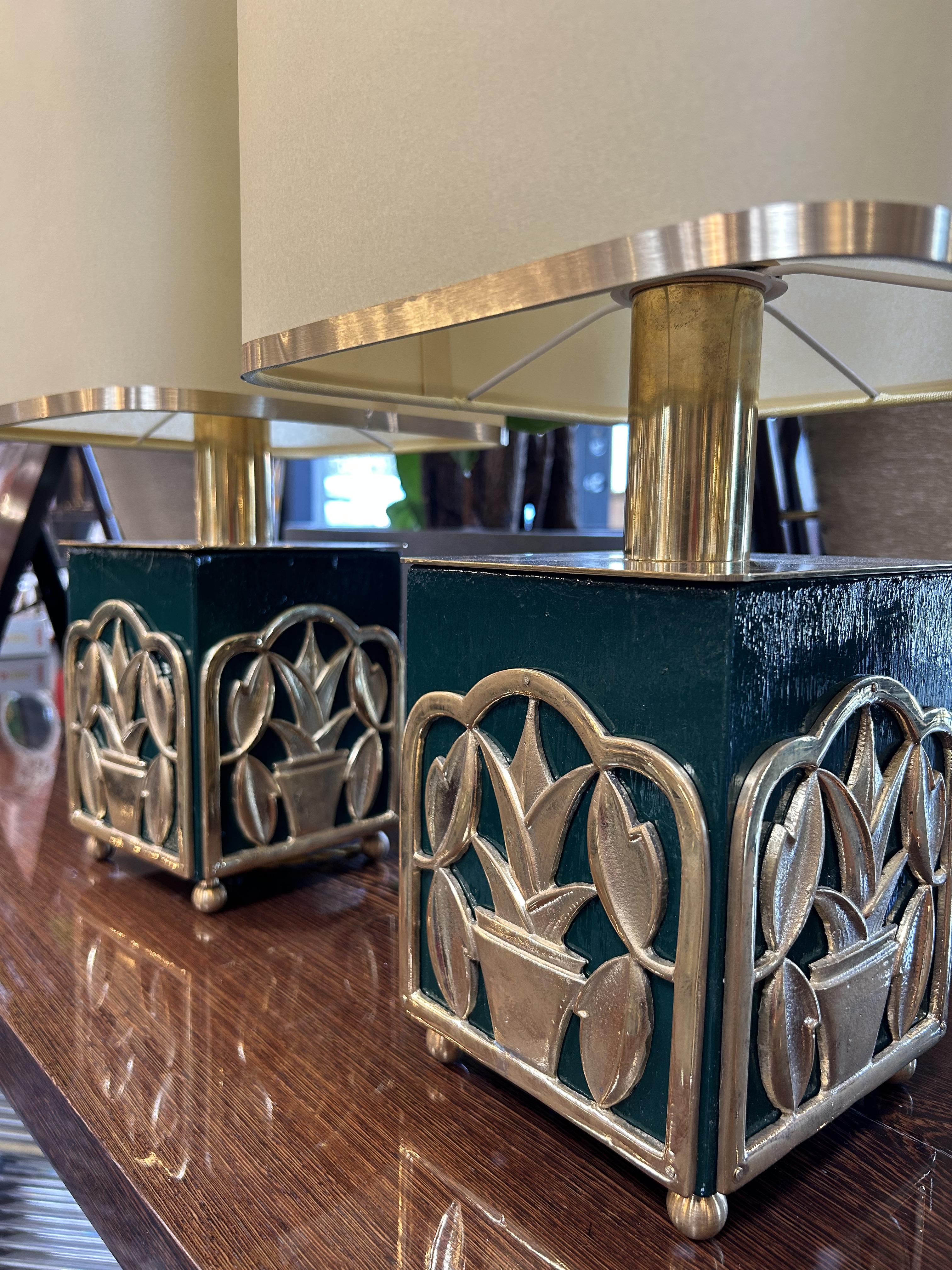 Late 20th Century Green Lacquered Table Lamps with Botanical Motif, 1970s For Sale