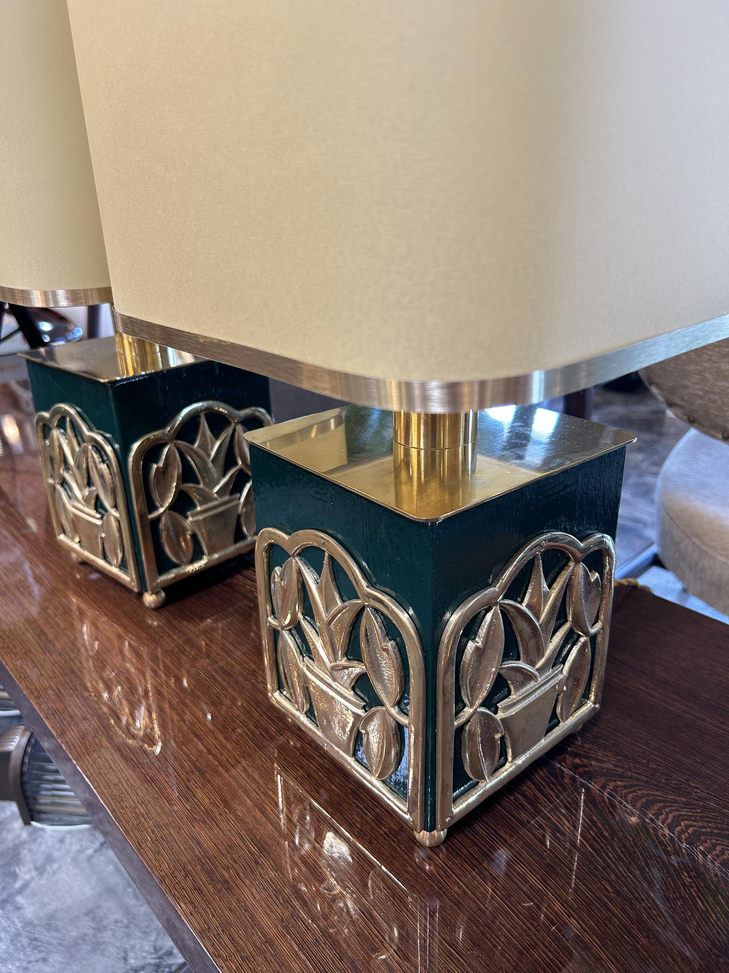 Brass Green Lacquered Table Lamps with Botanical Motif, 1970s For Sale