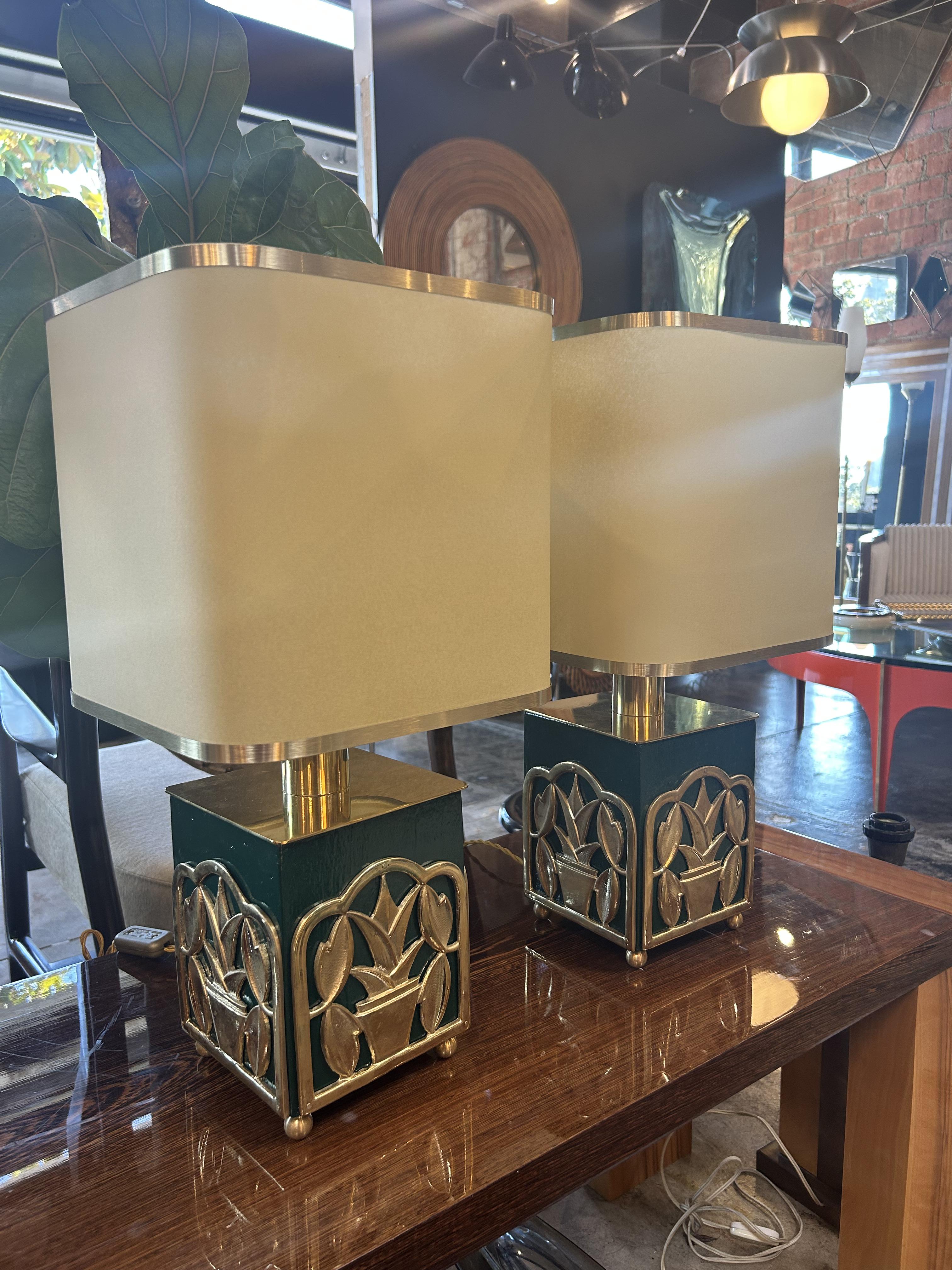 Green Lacquered Table Lamps with Botanical Motif, 1970s For Sale 2