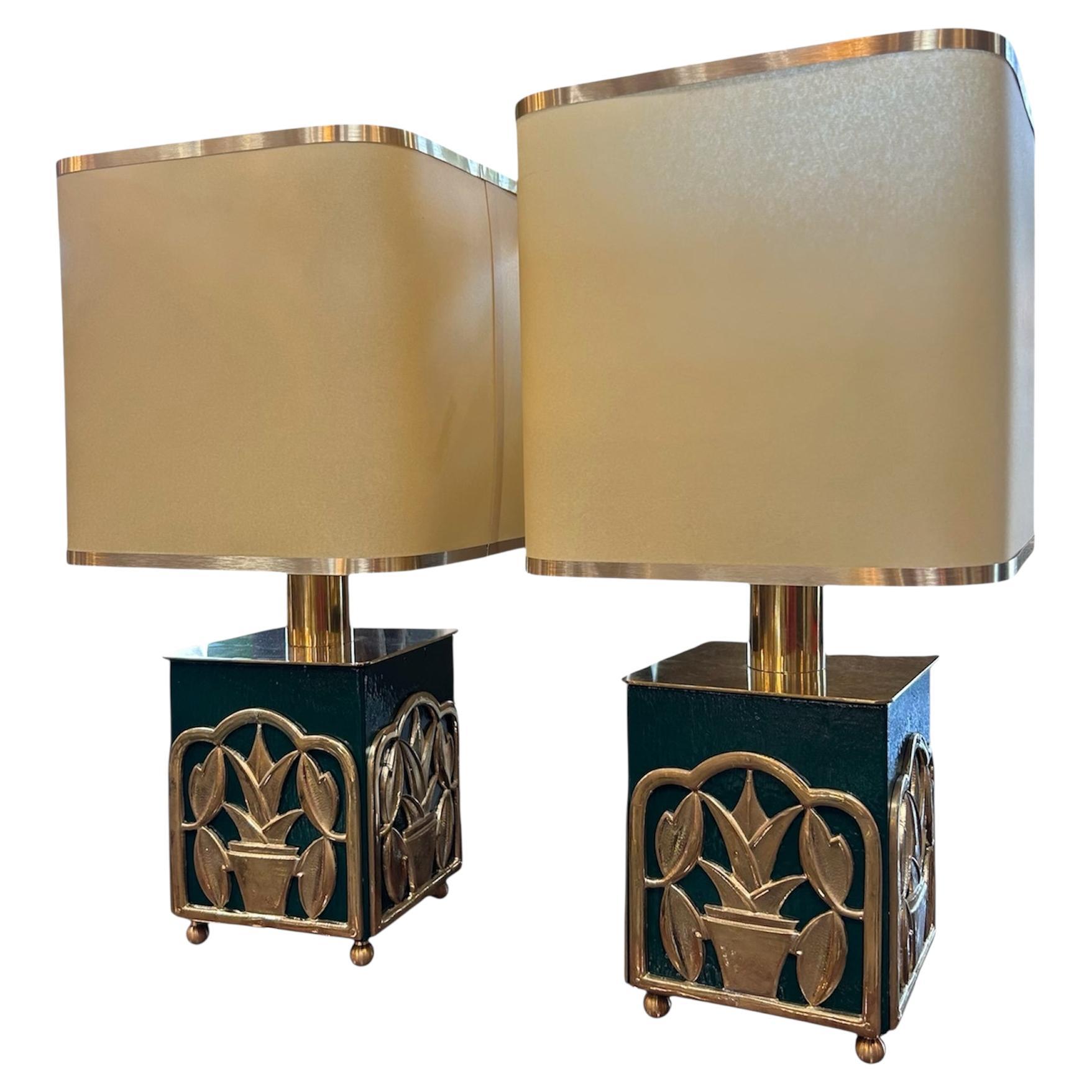 Green Lacquered Table Lamps with Botanical Motif, 1970s For Sale