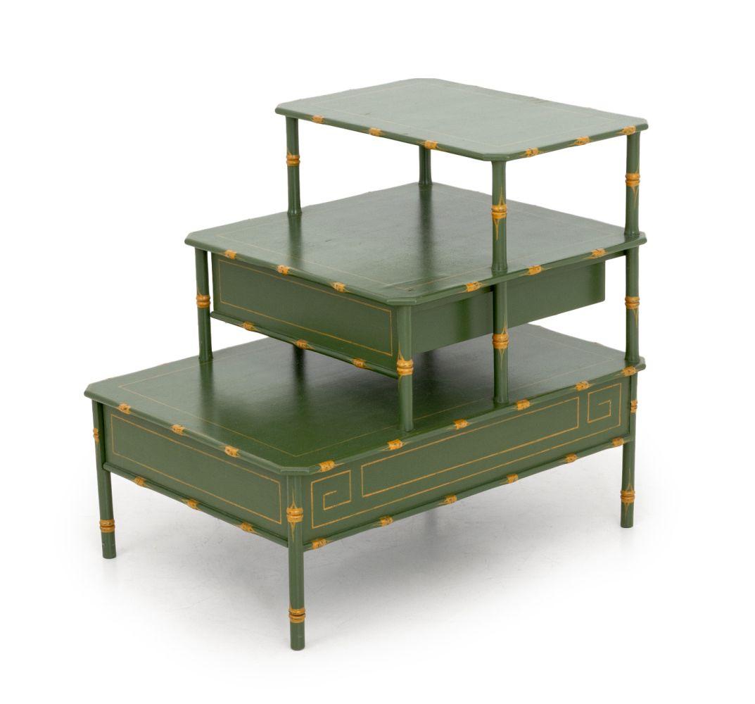 Green Lacquered and Yellow Painted Three-Tier Bedside Table, with two drawers. 
26