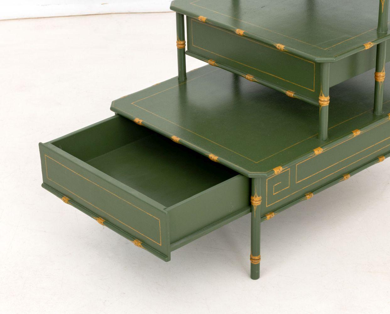 Green Lacquered Three-Tier Bedside Table In Good Condition For Sale In Astoria, NY