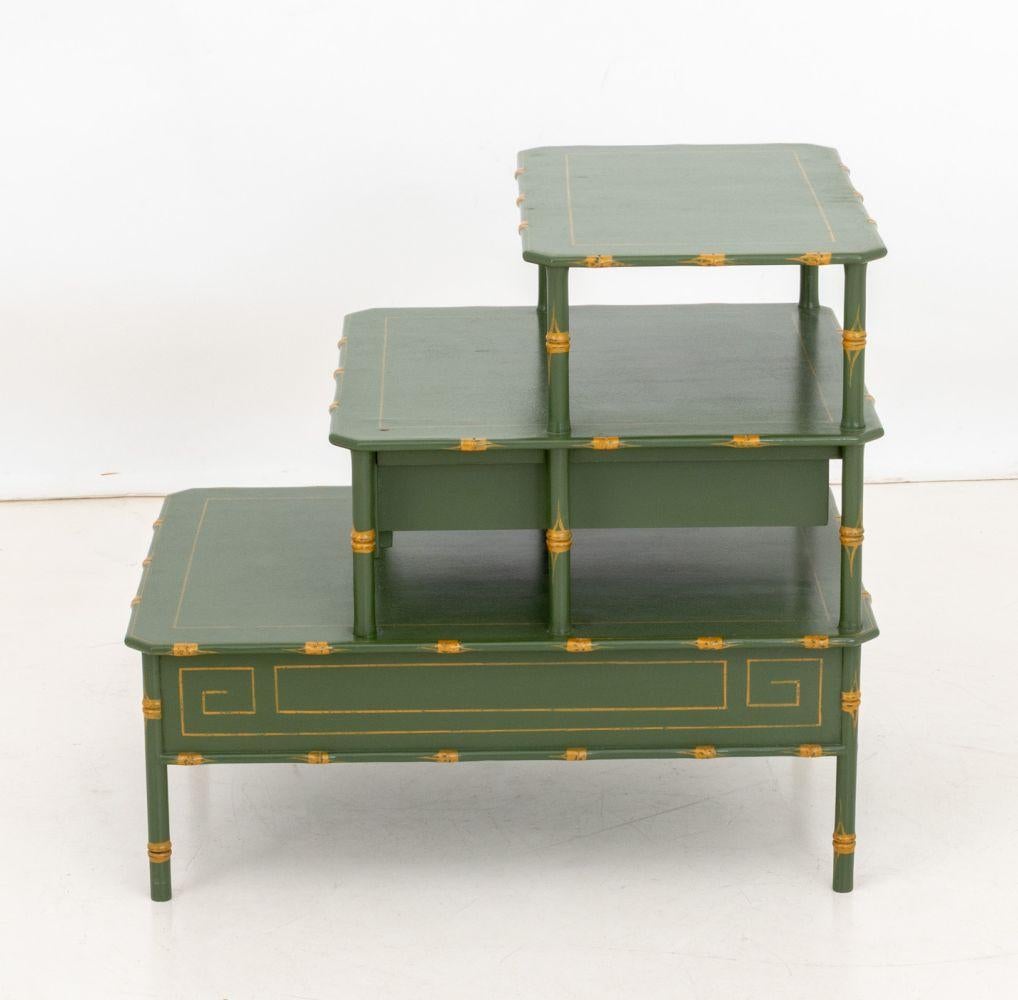 Green Lacquered Three-Tier Bedside Table For Sale 1