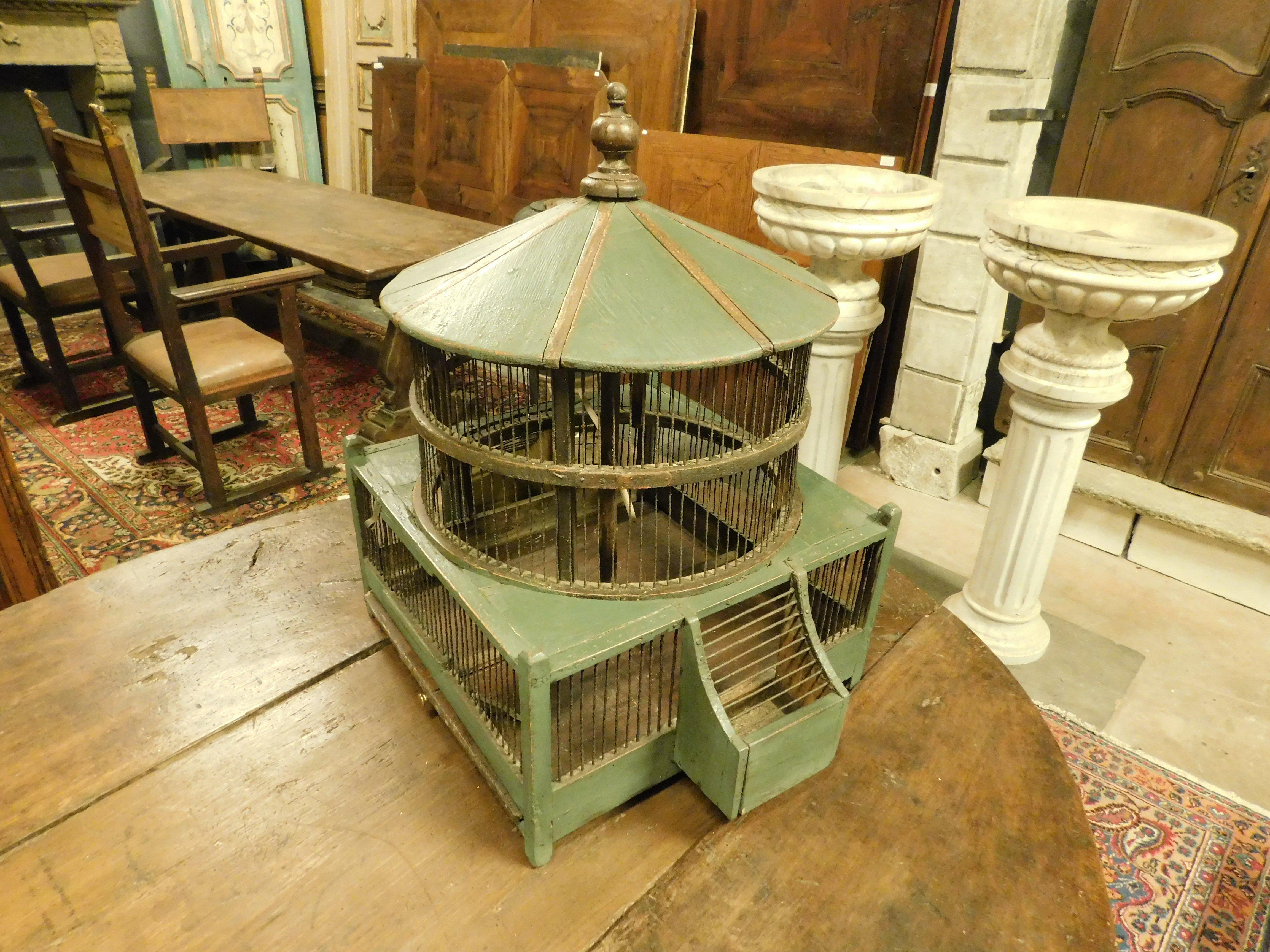 Painted Green lacquered wooden bird cage, Italy