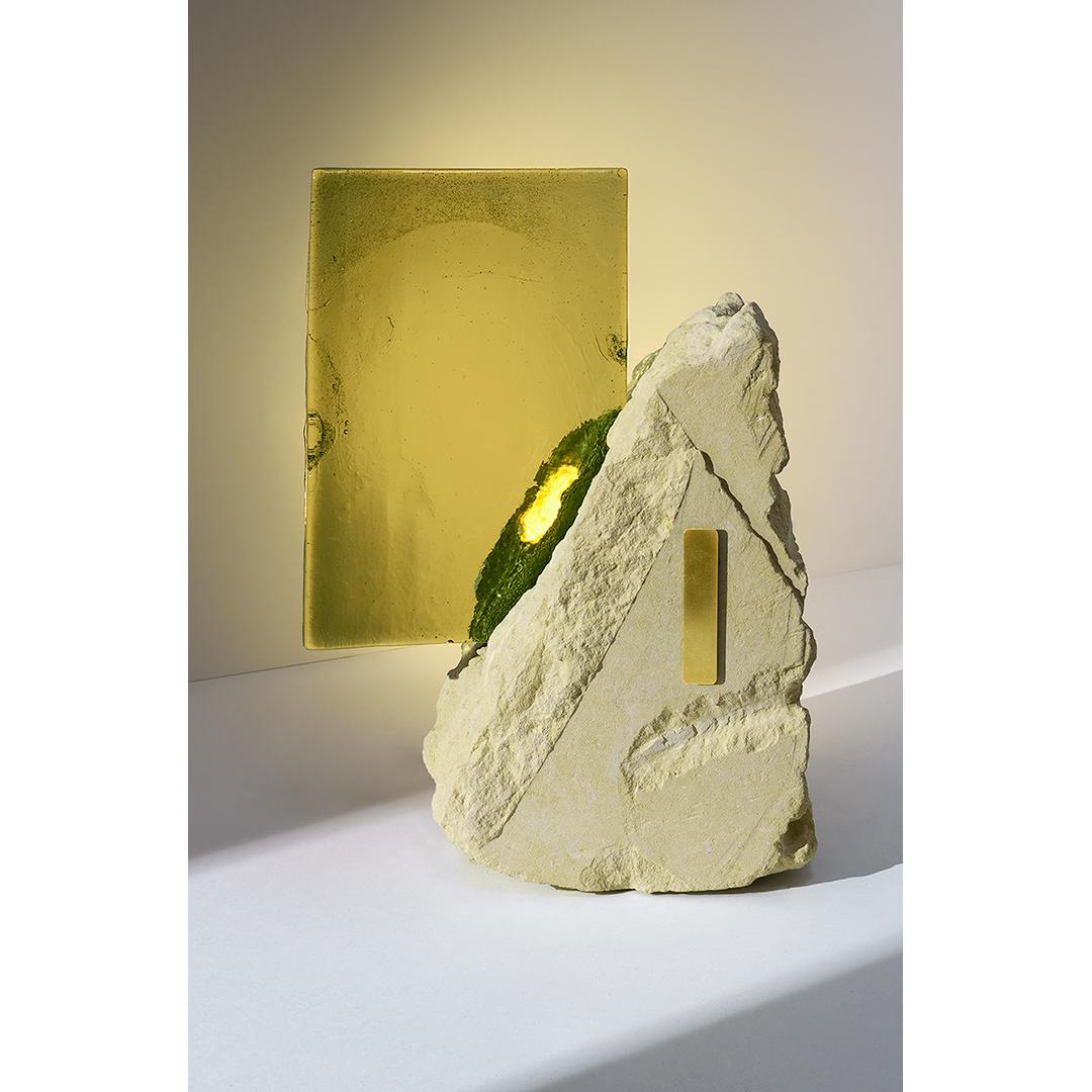Green lake light sculpture by Precious Artefact
Dimensions: Base: Width 15.74 inches, height 16.53 inches, depth 13.77 inches
 Glass height 11.81 inches
 Total height 18.50 inches
Materials: Translucent cast glass slab chlorophyll, tufa stone,