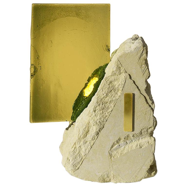 Unique Translucent Green Glass, Stone and Brass Light Sculpture by Marie Jeunet For Sale