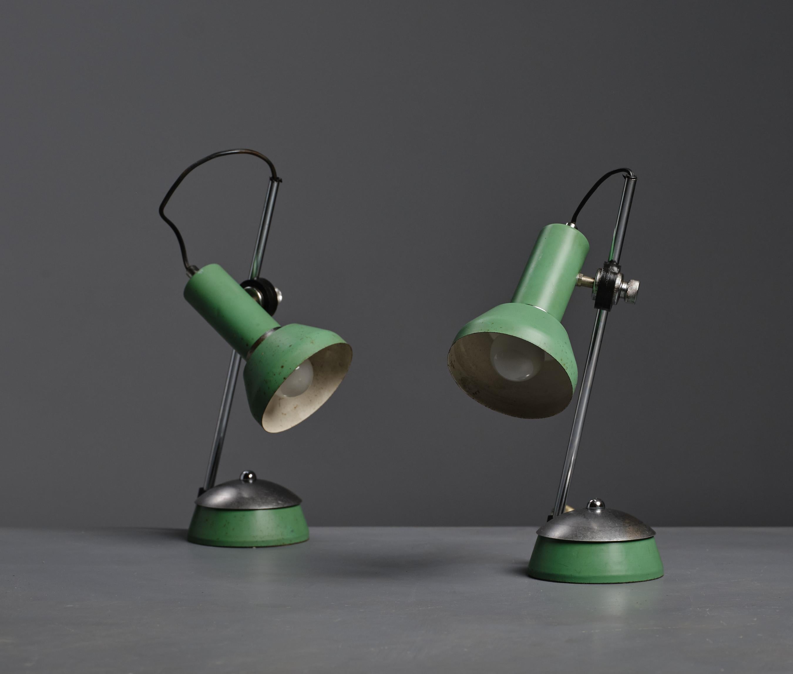 Metal Vintage 70's Green Table Lamps with Modern Design and Steel Details For Sale