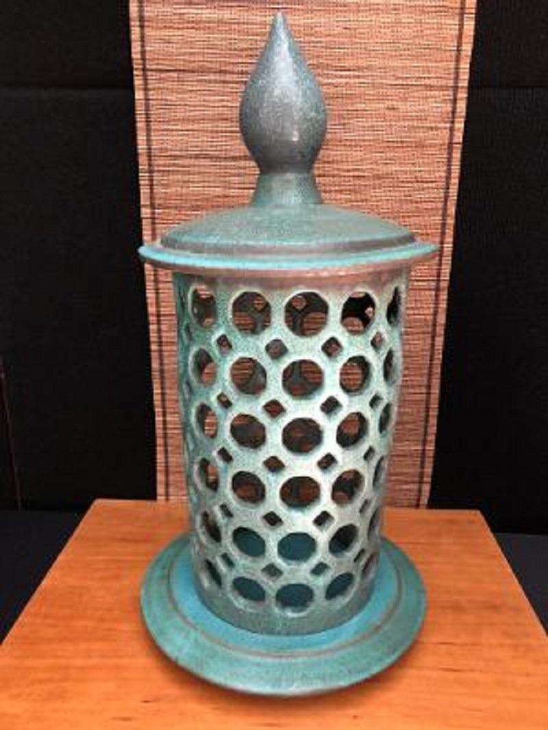 Japonisme Green Ceramic Candle Lantern with Bronze Glaze, In Stock For Sale