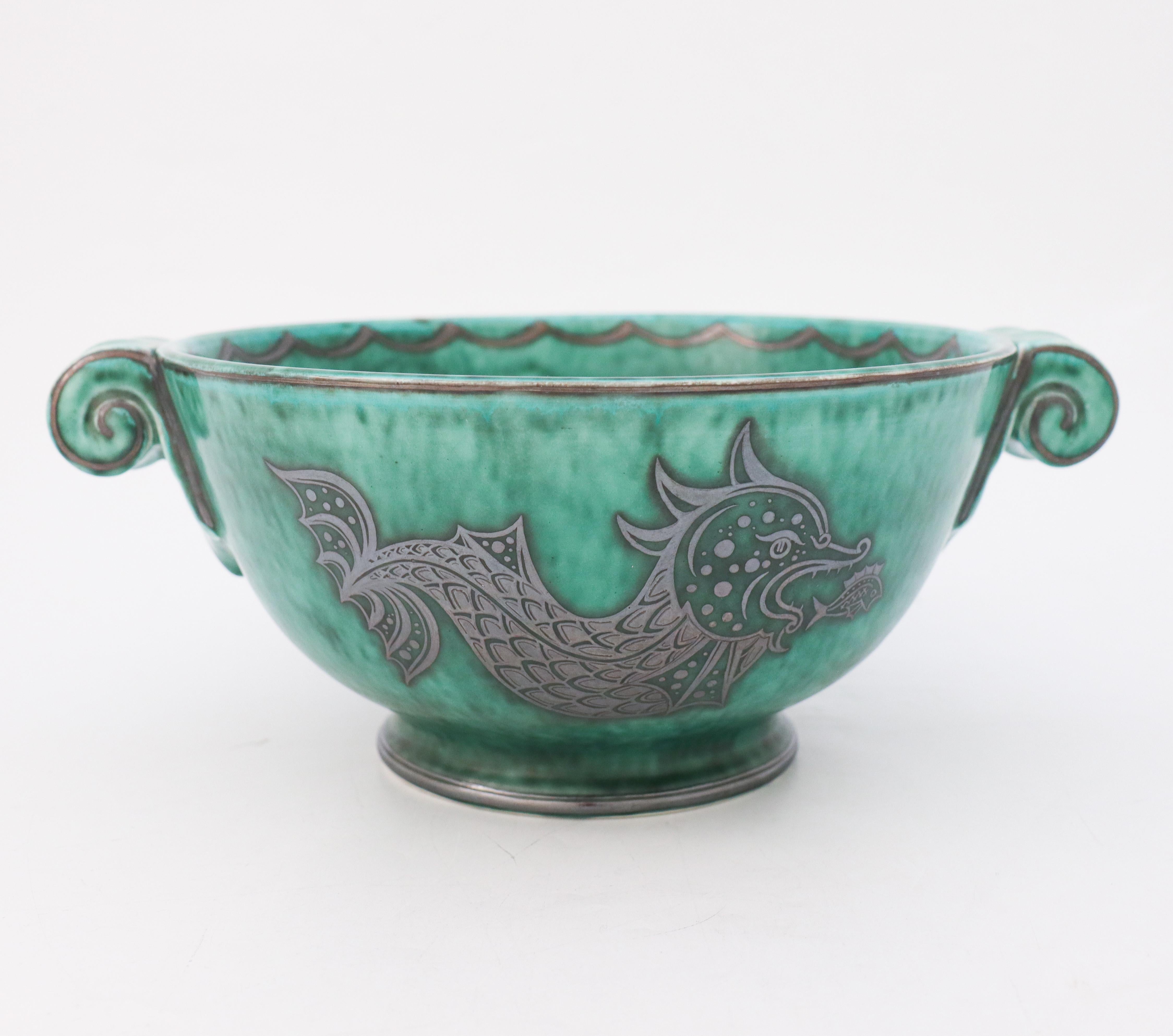 Swedish Green Large Bowl Argenta #901, Wilhelm Kåge Fish, Scandinavian Modern, Dragon For Sale