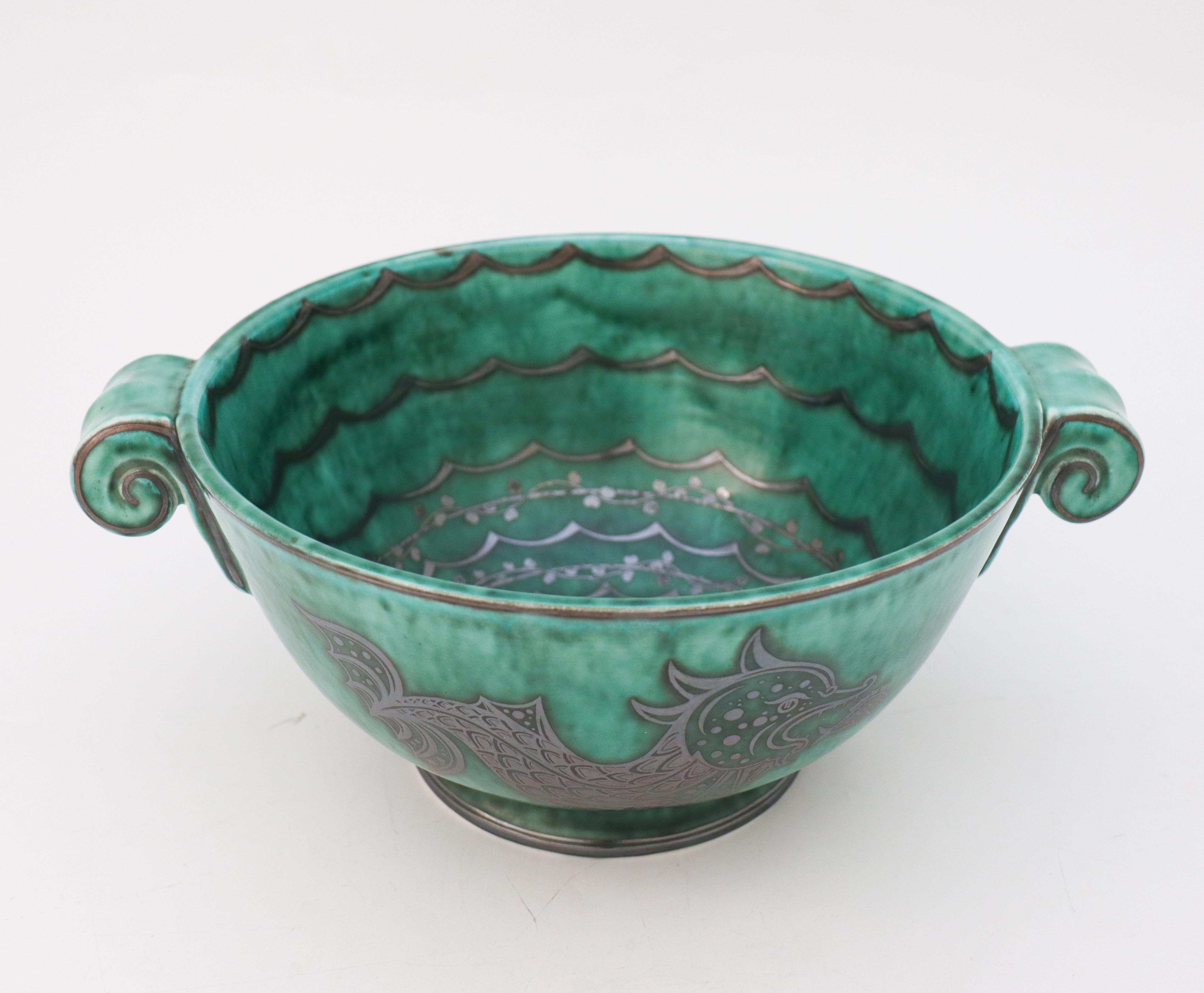 Glazed Green Large Bowl Argenta #901, Wilhelm Kåge Fish, Scandinavian Modern, Dragon For Sale