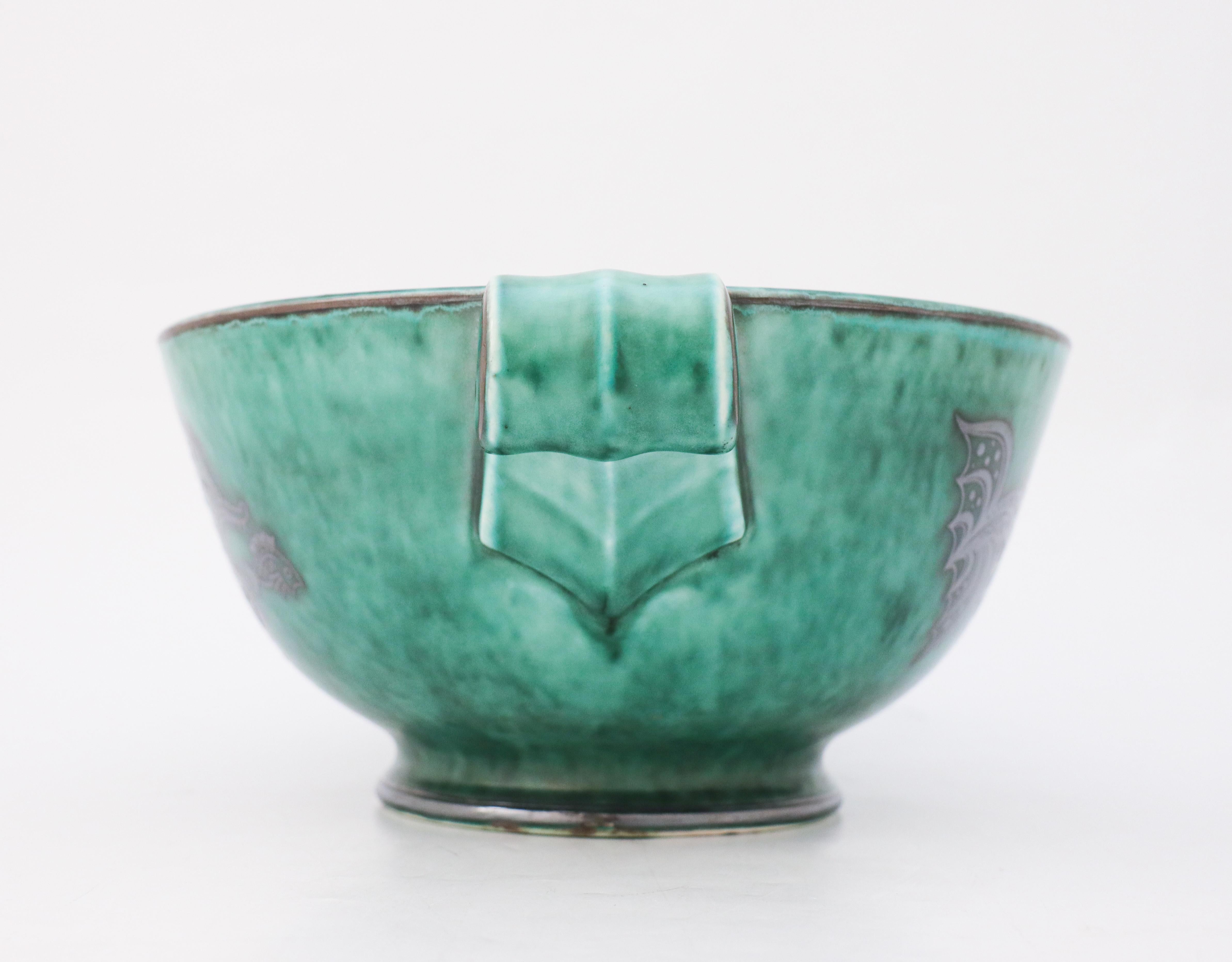 Glazed Green Large Bowl Argenta #901, Wilhelm Kåge Fish, Scandinavian Modern, Dragon For Sale