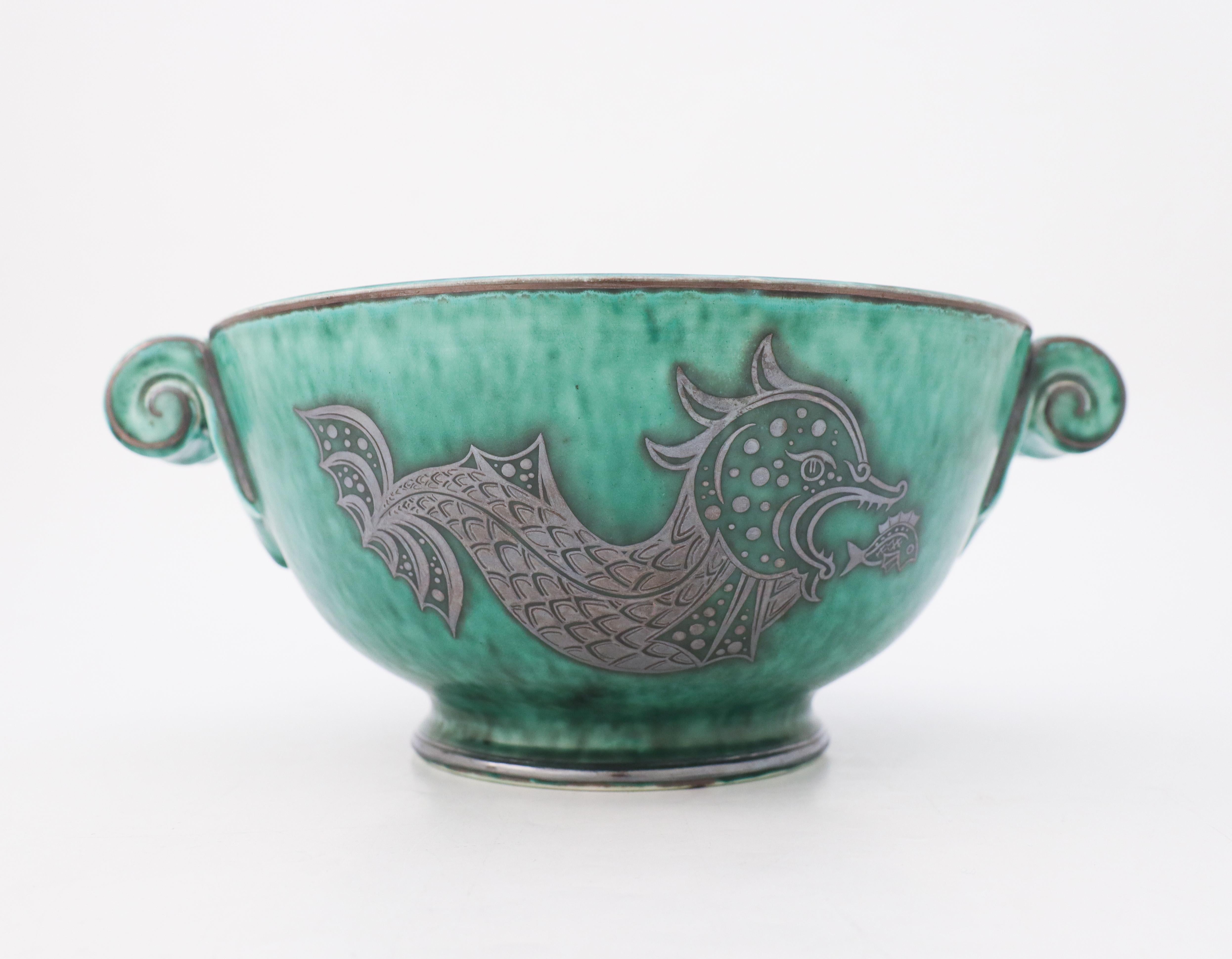 20th Century Green Large Bowl Argenta #901, Wilhelm Kåge Fish, Scandinavian Modern, Dragon For Sale