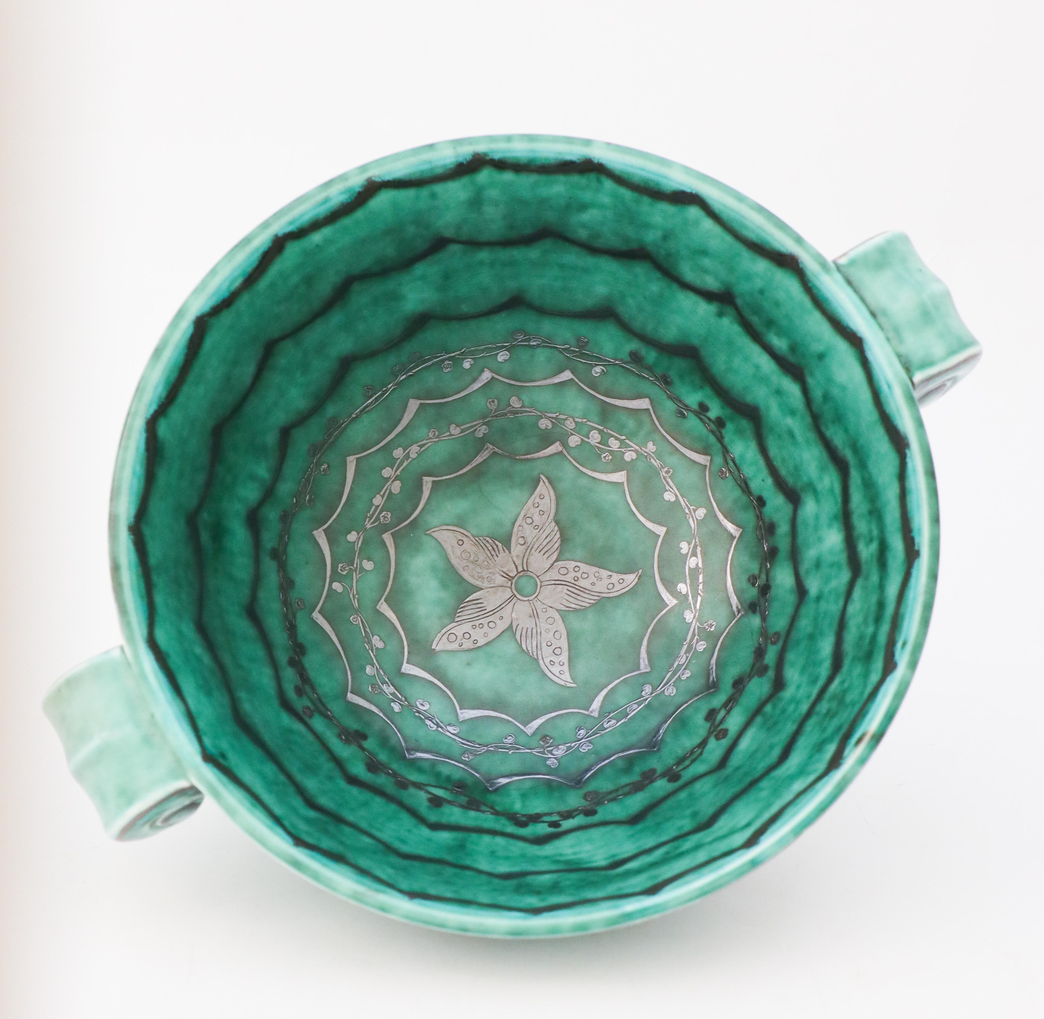 Green Large Bowl Argenta #901, Wilhelm Kåge Fish, Scandinavian Modern, Dragon For Sale 1