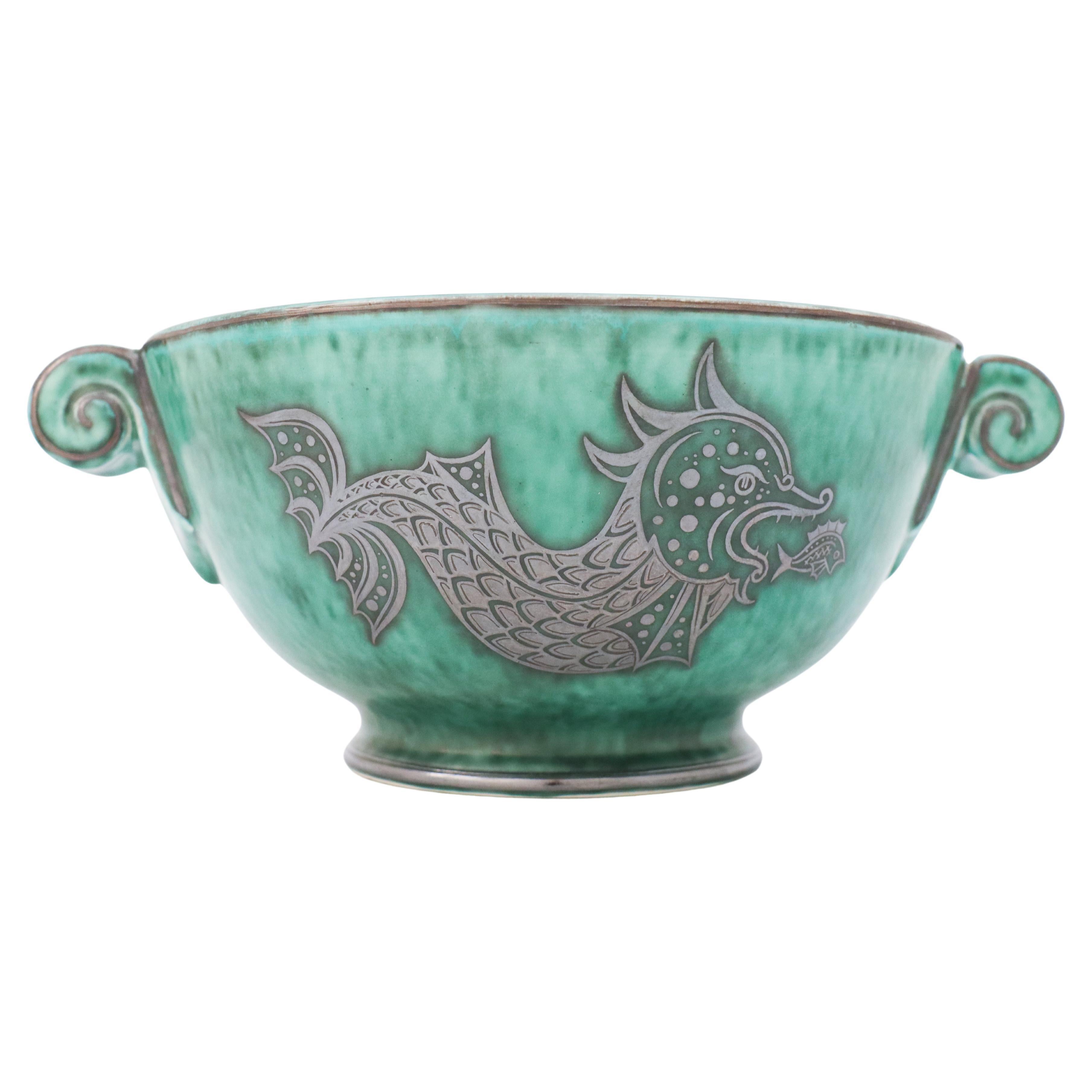 Green Large Bowl Argenta #901, Wilhelm Kåge Fish, Scandinavian Modern, Dragon For Sale