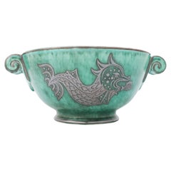 Green Large Bowl Argenta #901, Wilhelm Kåge Fish, Scandinavian Modern, Dragon