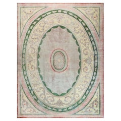 Neoclassical Large Vintage Savonnerie Green Hand Knotted Wool Carpet