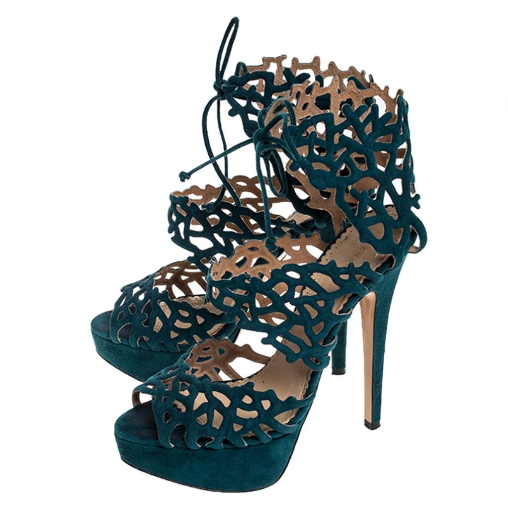 Black Green Laser Cut Suede Belinda Peep Toe Platform Sandals Size 37.5
