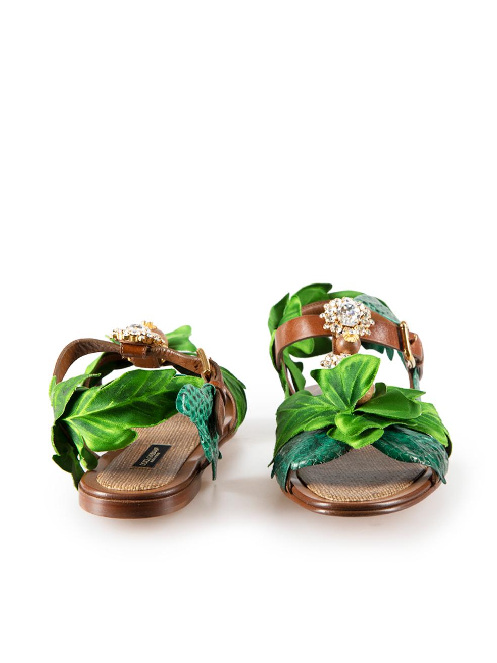 Brown Green Leaf Leather Keira Crystal Sandals Size IT 36 For Sale