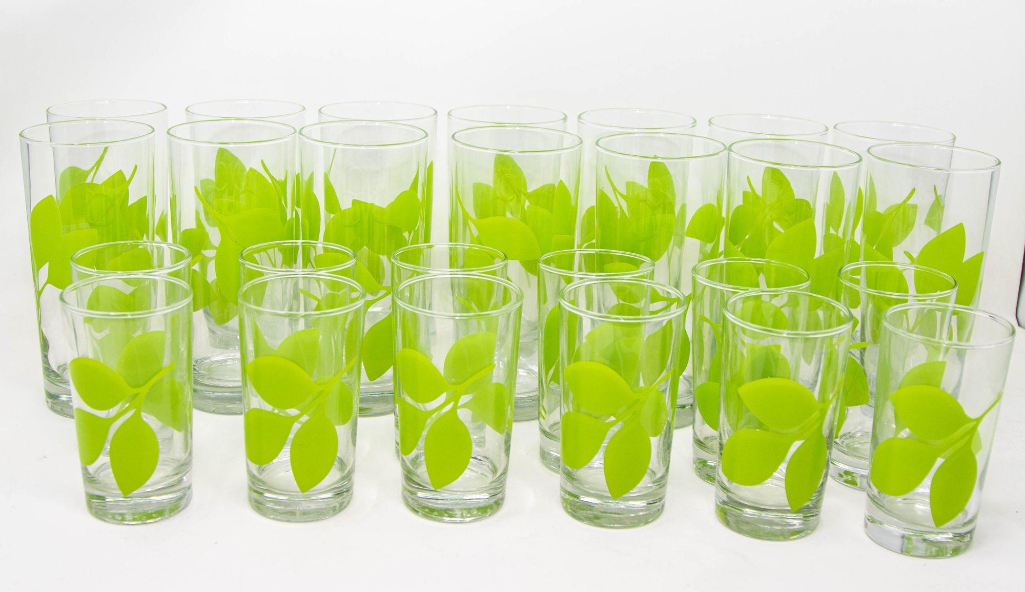 Organic Modern Green Leaf Organic Pattern Drinking Glasses Barware Tumblers Set of 26 For Sale