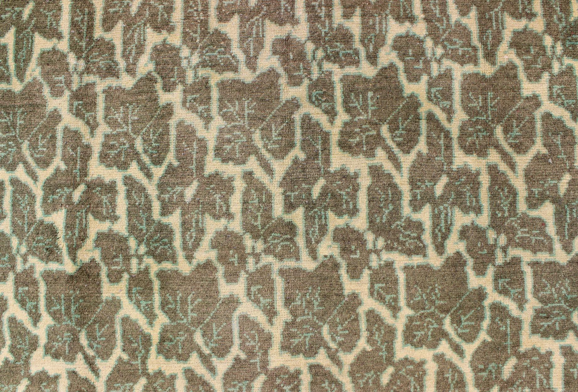 Turkish Green Colored Leaf Pattern Vintage Rug with a Modern Design in Squared Shape For Sale