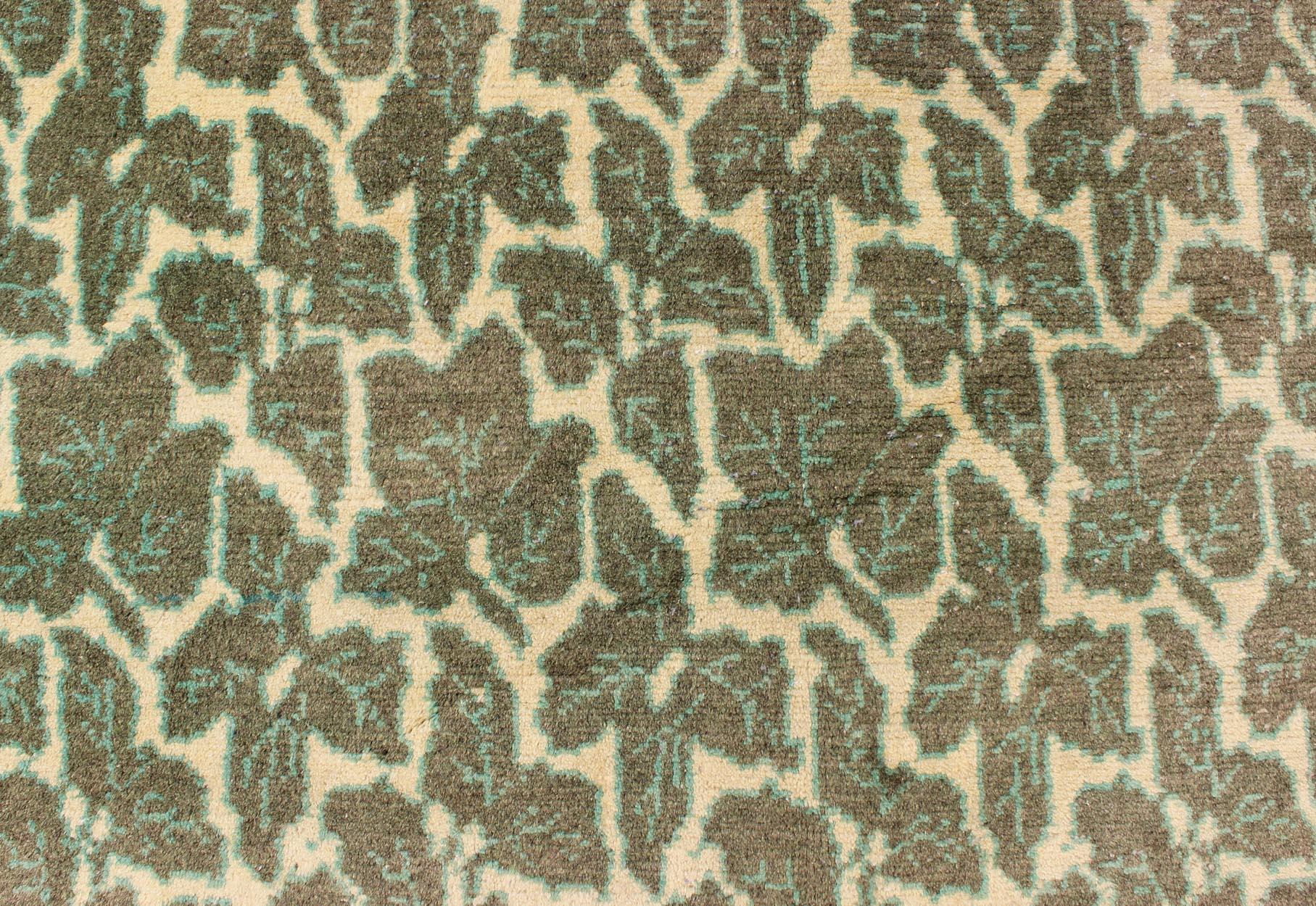 Hand-Knotted Green Colored Leaf Pattern Vintage Rug with a Modern Design in Squared Shape For Sale