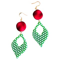 Green Leaf Polka Dot Matte Burgundy Round Disc Retro Hook Drop Pierced Earrings