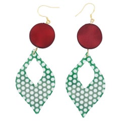 Green Leaf Polka Dot Matte Burgundy Round Disc Retro Hook Drop Pierced Earrings