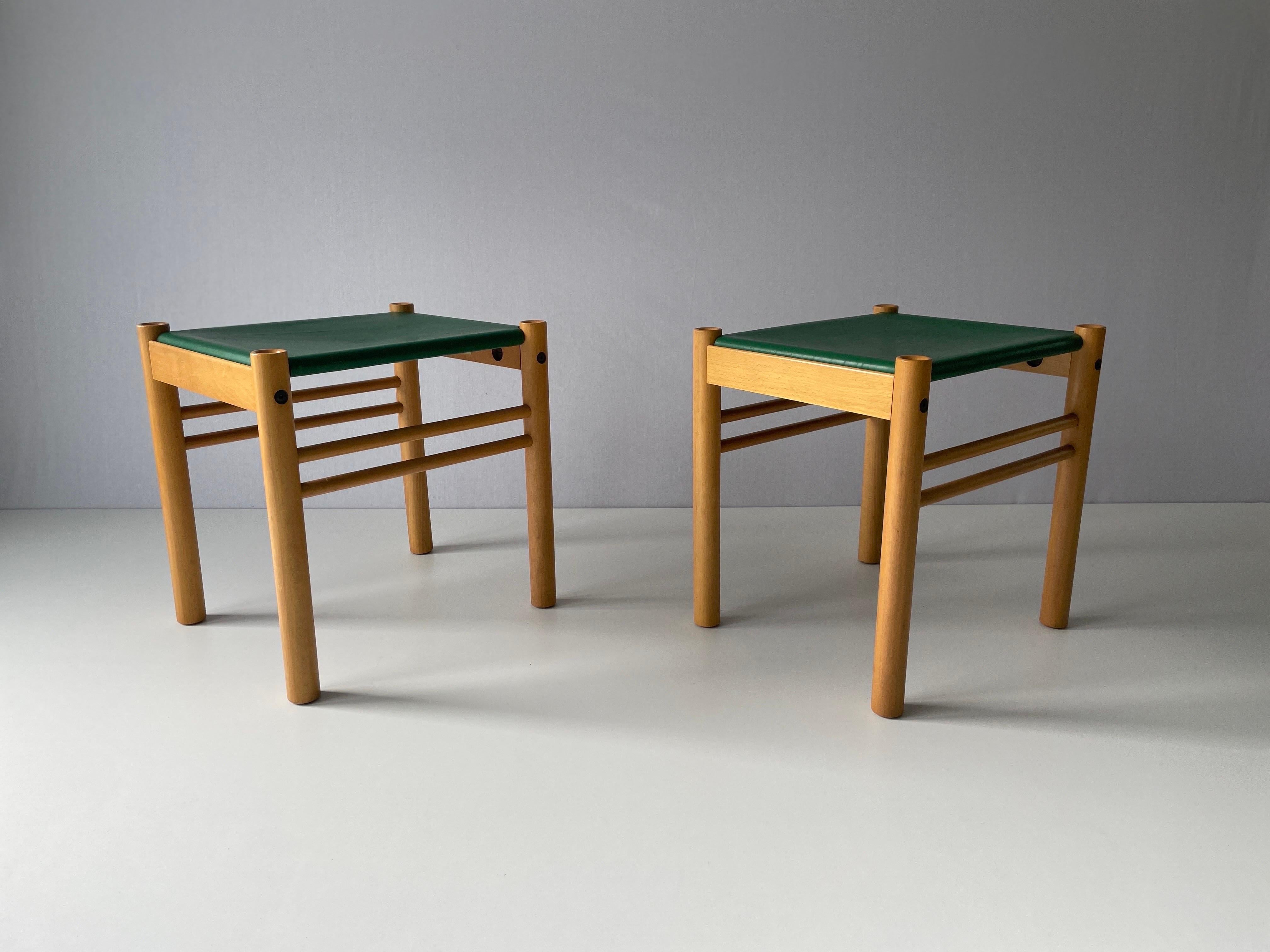 Green Leather and Birch Wood Pair of Stools by IBISCO, 1970s, Italy For Sale 5