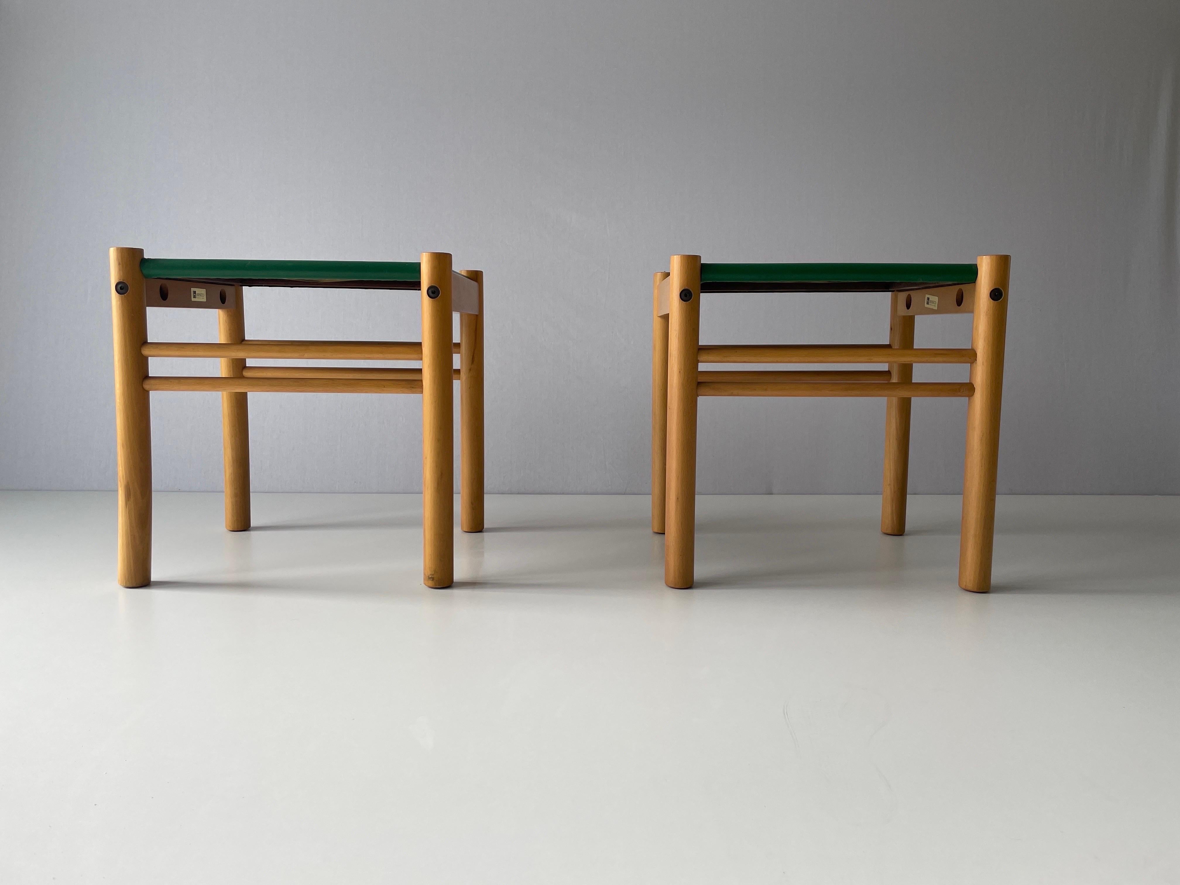 Space Age Green Leather and Birch Wood Pair of Stools by IBISCO, 1970s, Italy For Sale