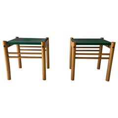 Paar Hocker aus grünem Leder und Birkenholz von IBISCO, 1970er Jahre, Italien