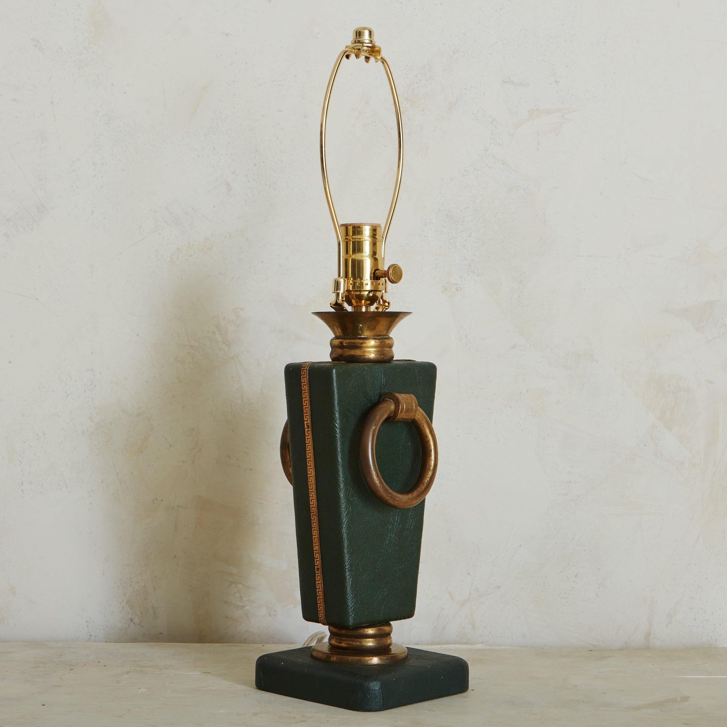 Green Leather and Brass Table Lamp, France 1960s 5