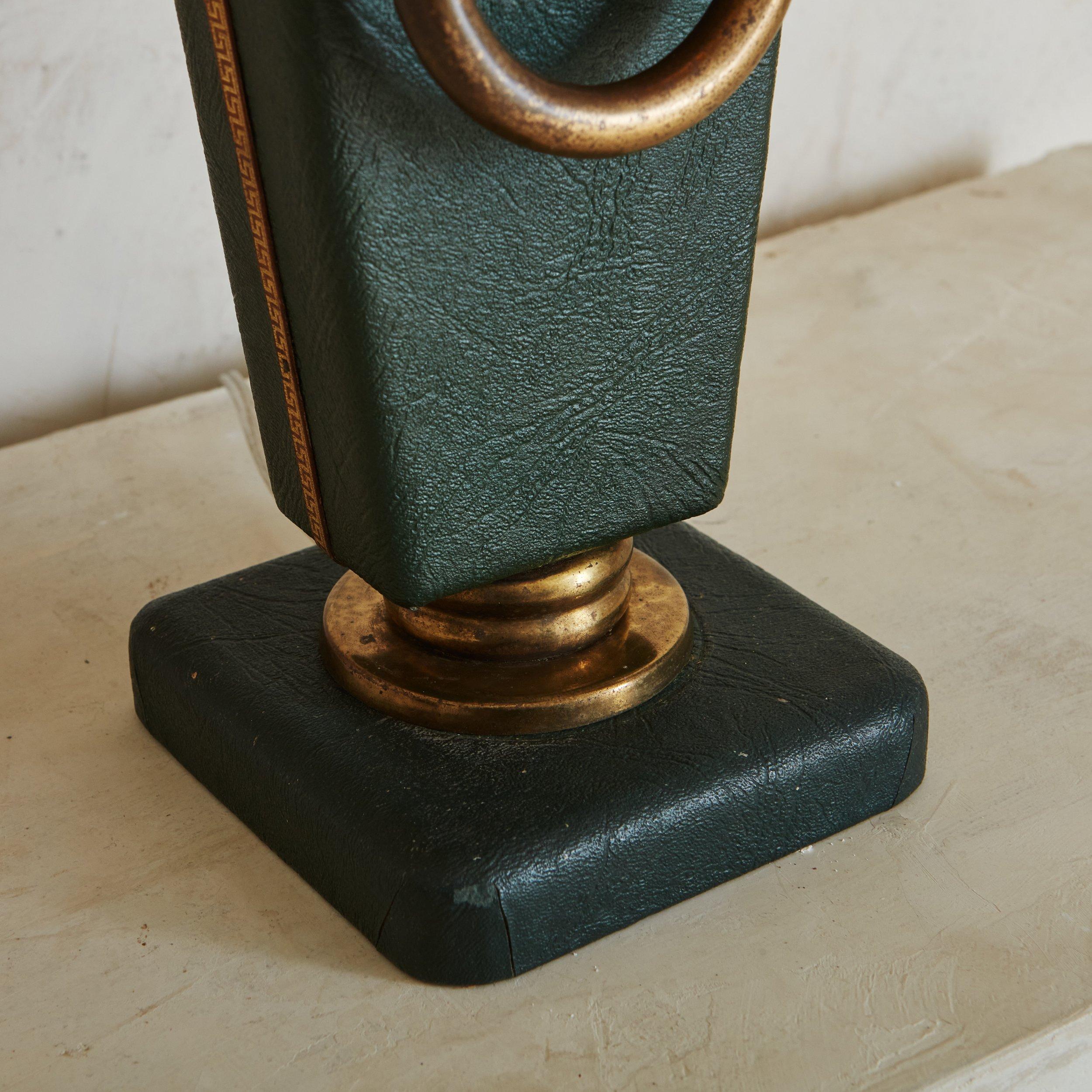 French Green Leather and Brass Table Lamp, France 1960s