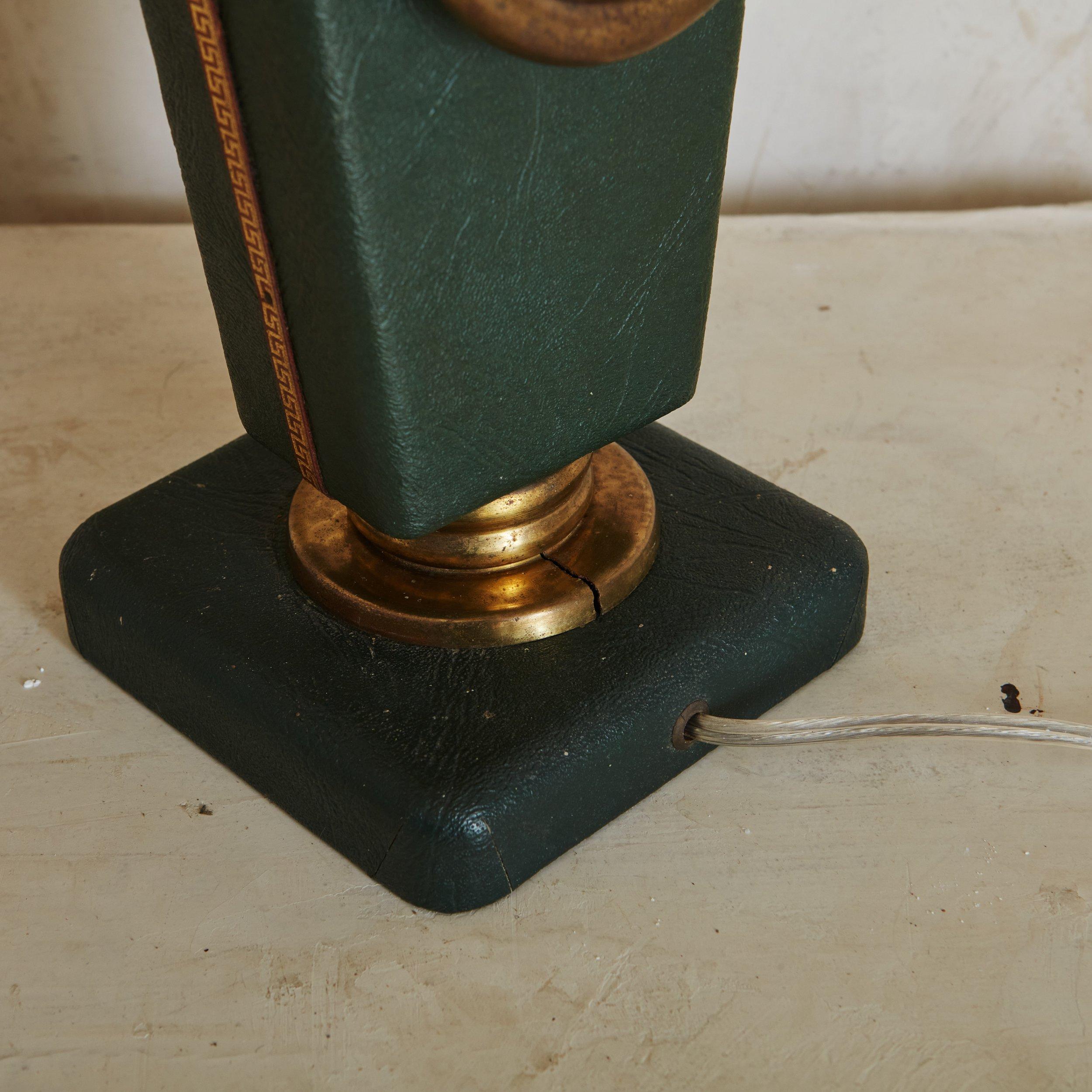 Green Leather and Brass Table Lamp, France 1960s 2