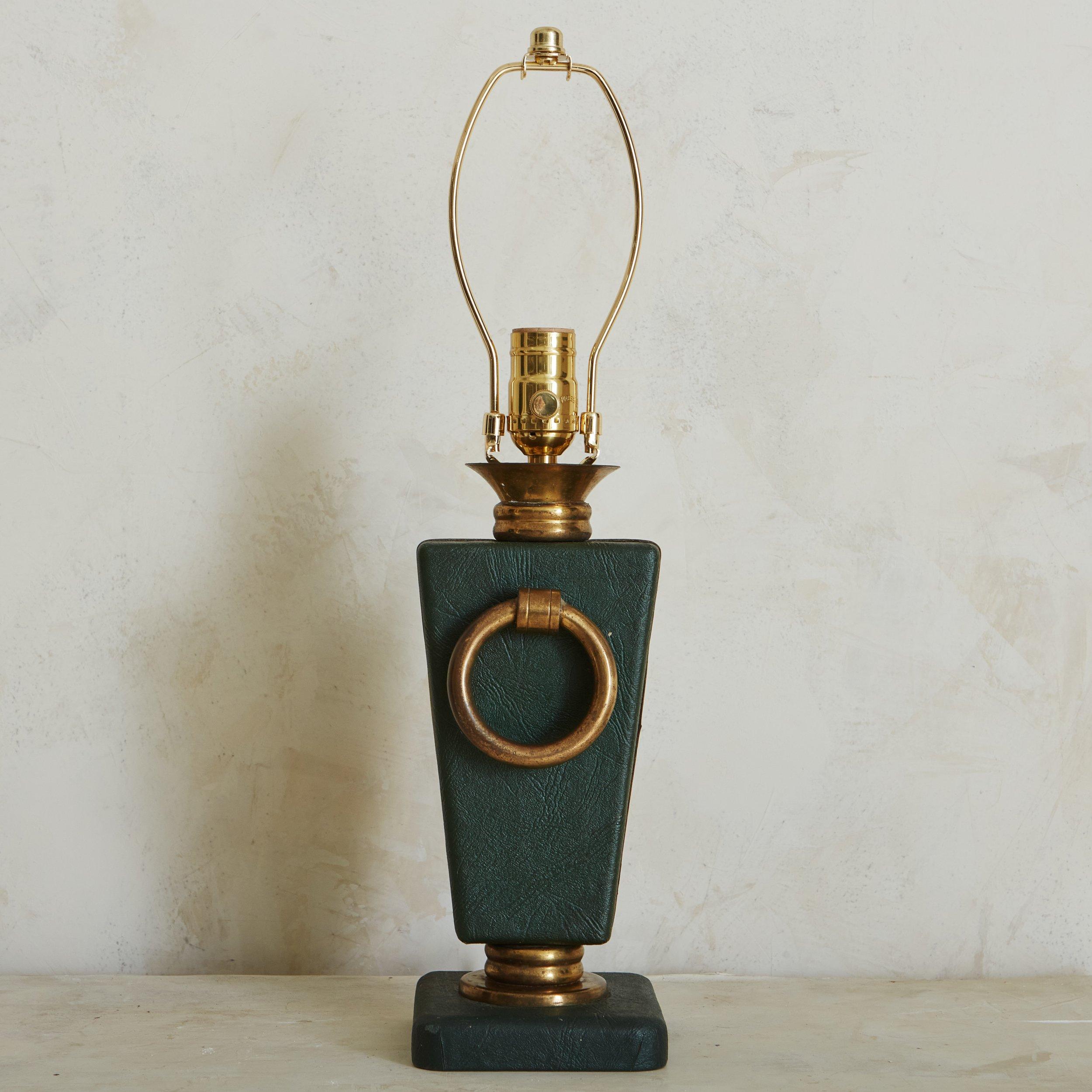 Green Leather and Brass Table Lamp, France 1960s 4