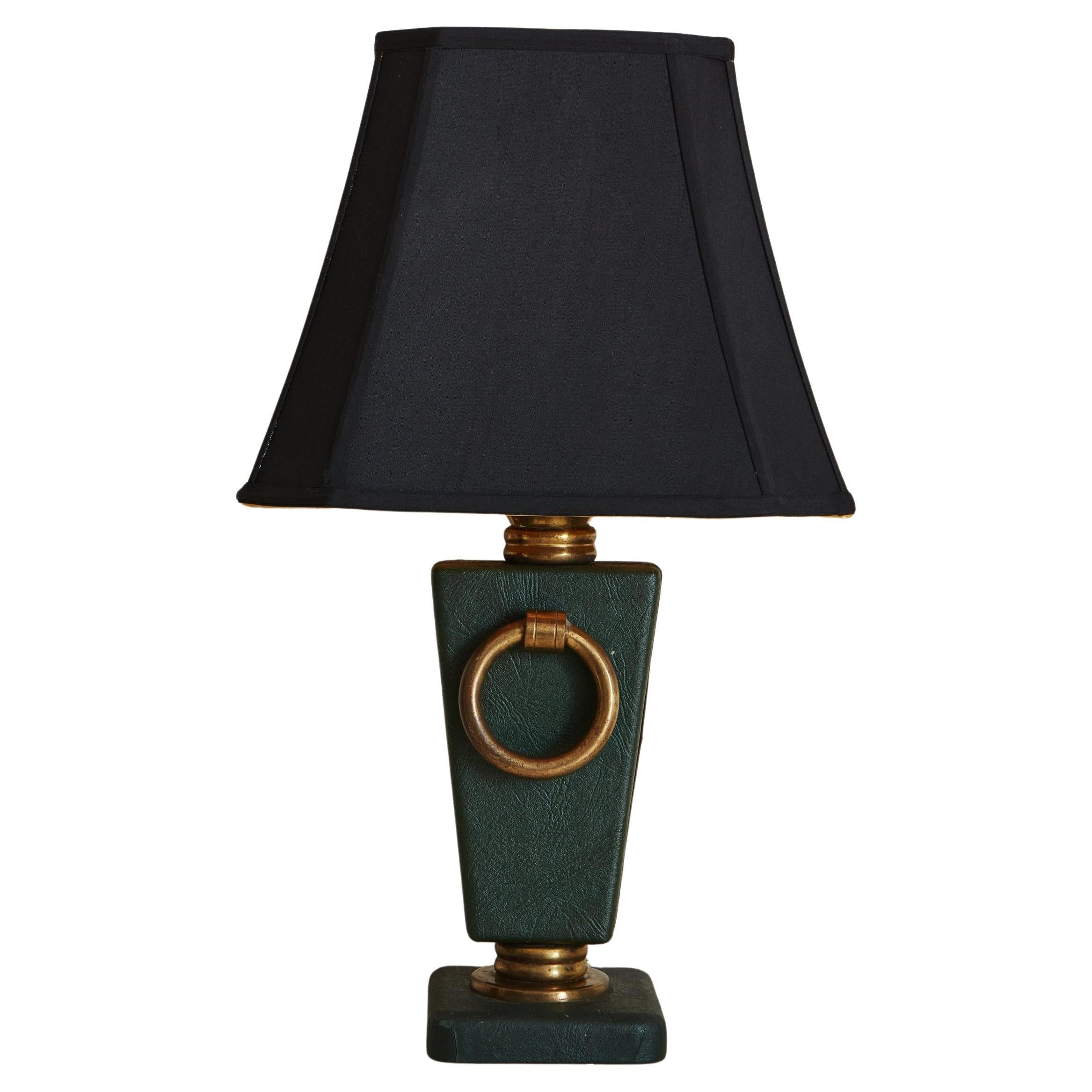 Green Leather and Brass Table Lamp, France 1960s