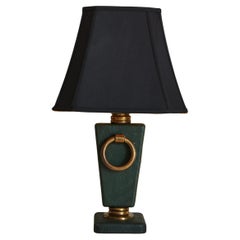 Vintage Green Leather and Brass Table Lamp, France 1960s