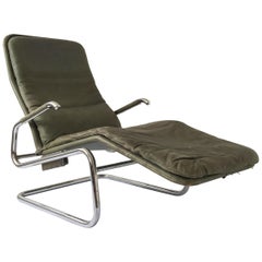 Green Leather and Chrome Midcentury ‘Cicero’ Reclining Chaise by Dux, circa 1970