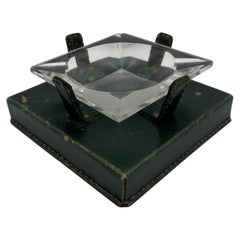 Posacenere in pelle verde e cristallo nello stile di Jacques Adnet, anni '50
