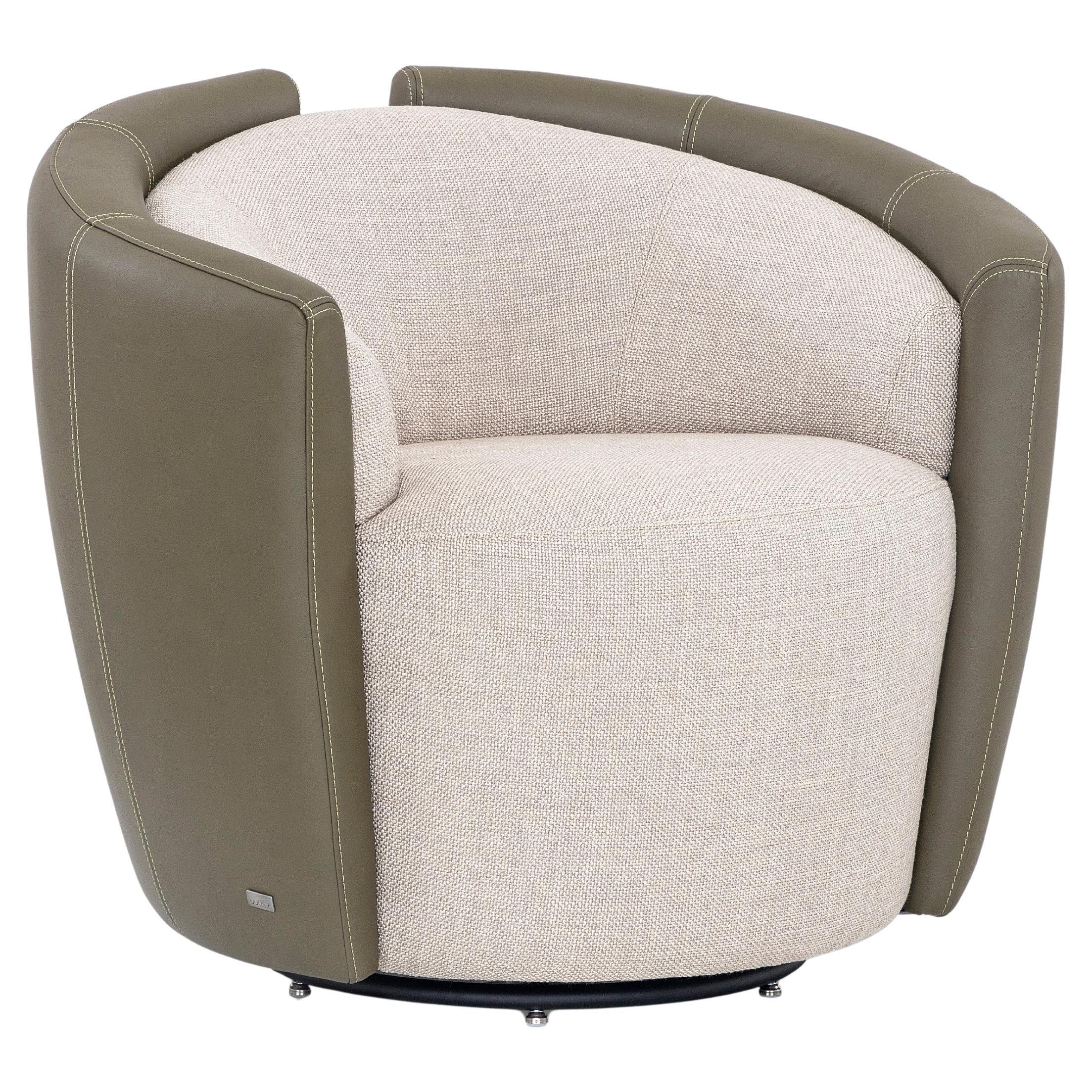 Green Leather and Greige Fabric Armchair with Metal Swivel Base - Lirio Line