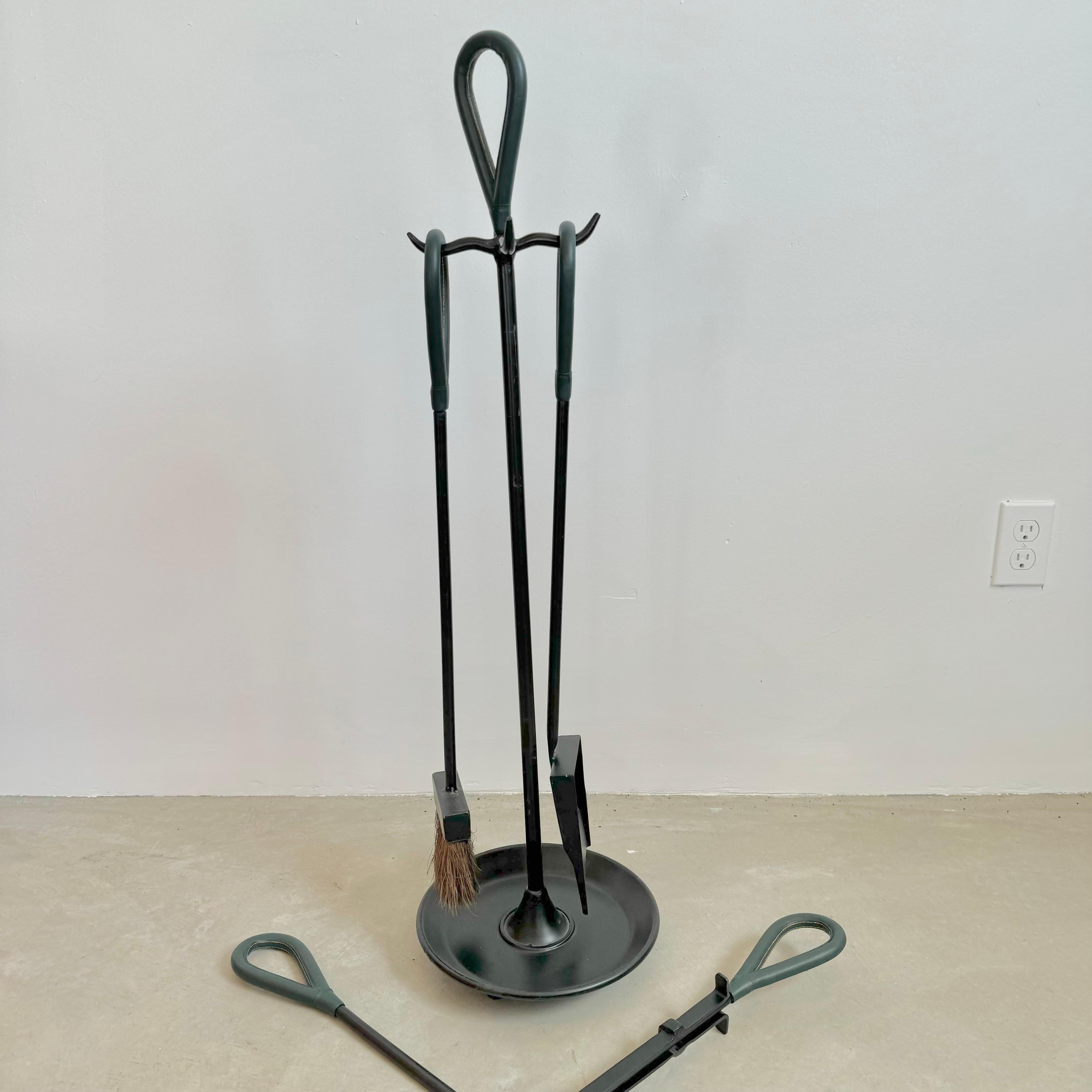 Green Leather and Iron Fireplace Set in the Style of Jacques Adnet, 1980s USA 5