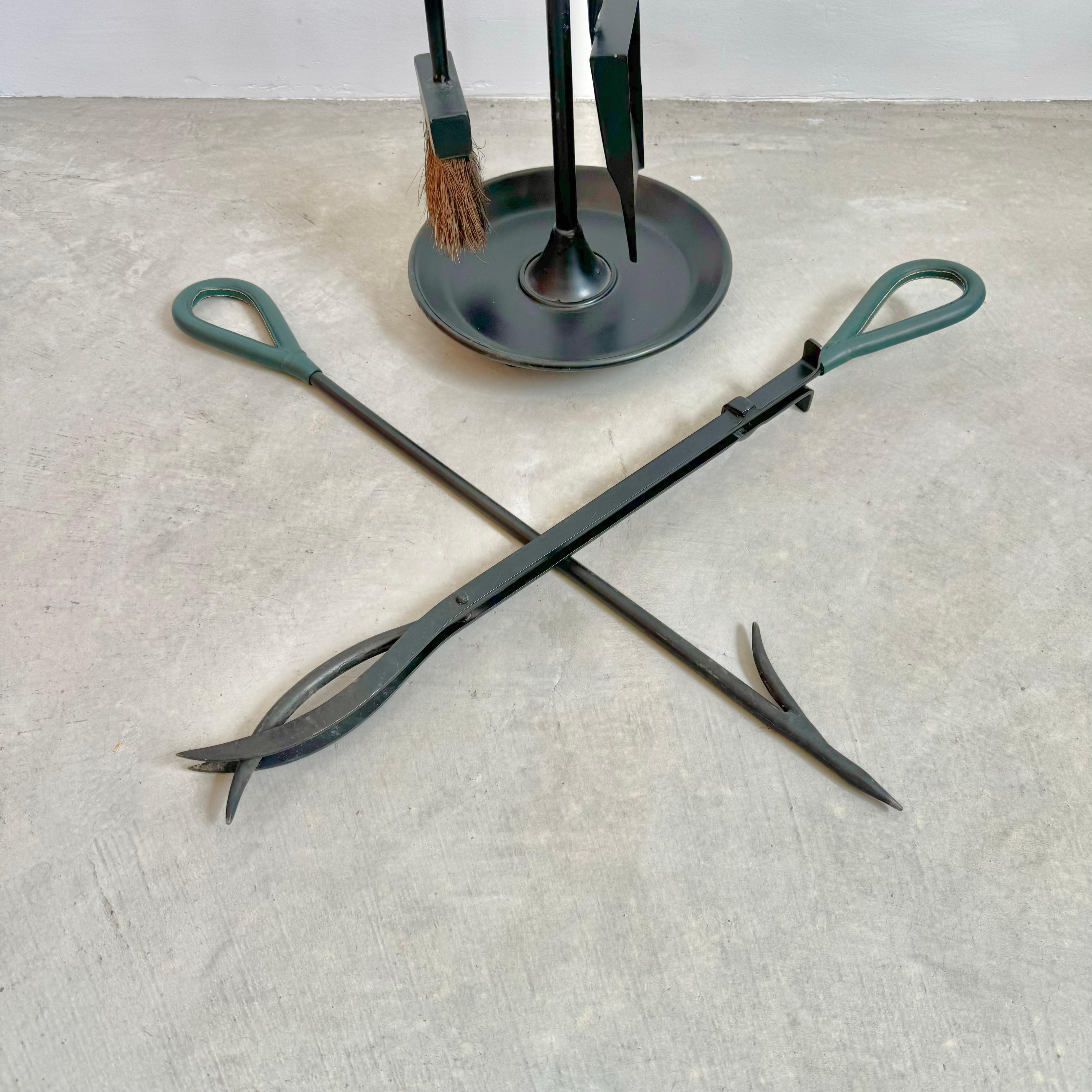 American Green Leather and Iron Fireplace Set in the Style of Jacques Adnet, 1980s USA