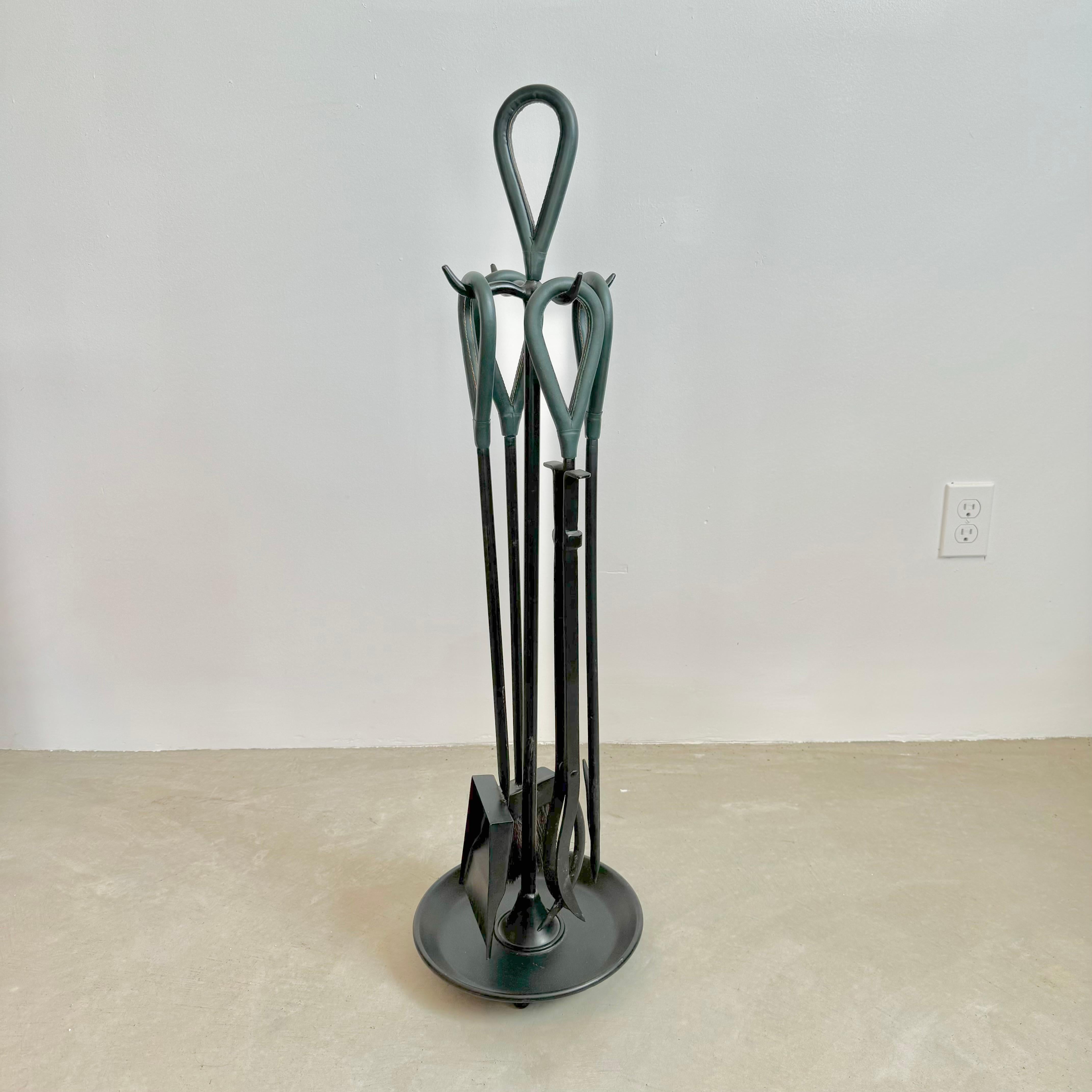Green Leather and Iron Fireplace Set in the Style of Jacques Adnet, 1980s USA In Good Condition In Los Angeles, CA