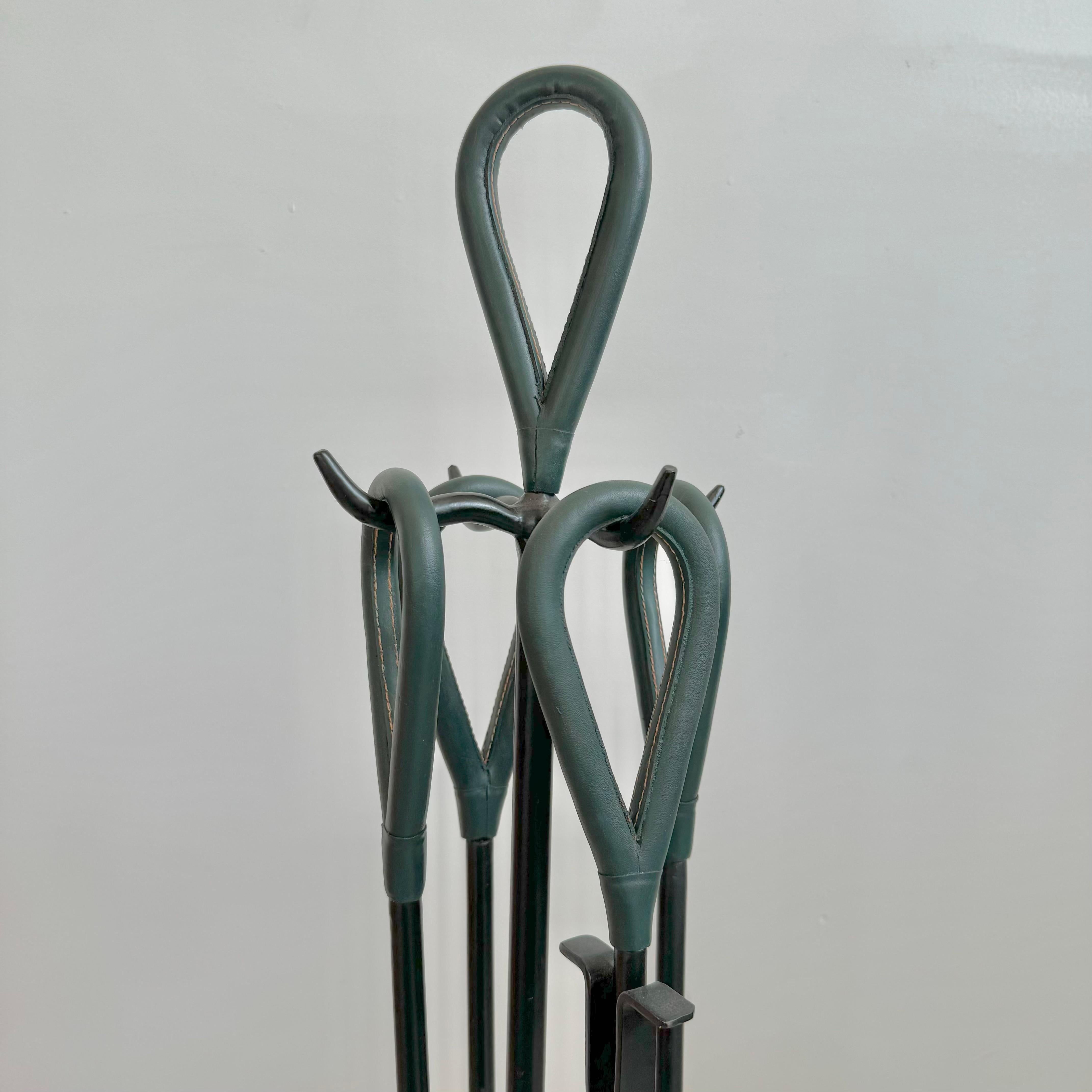 Late 20th Century Green Leather and Iron Fireplace Set in the Style of Jacques Adnet, 1980s USA