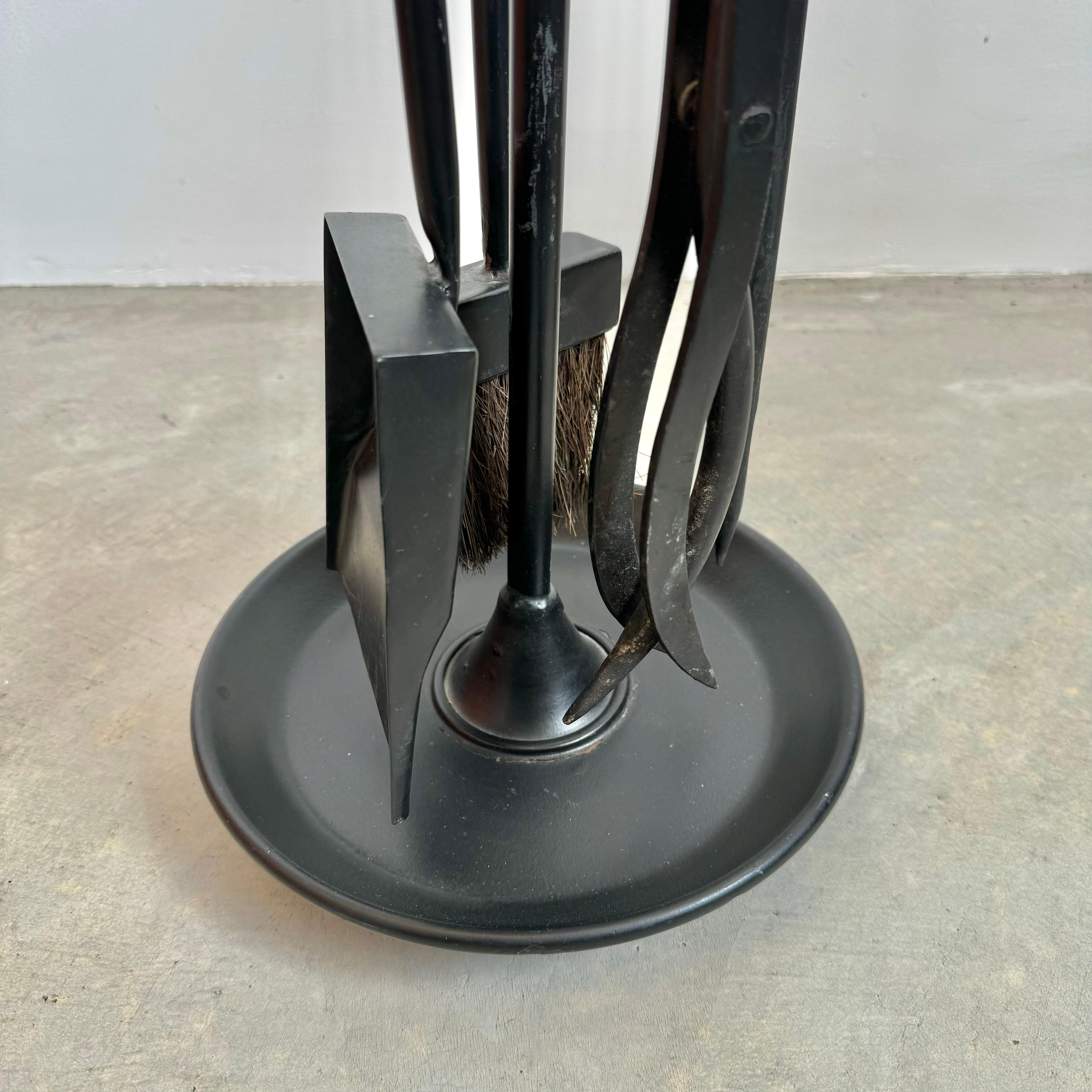 Green Leather and Iron Fireplace Set in the Style of Jacques Adnet, 1980s USA 1